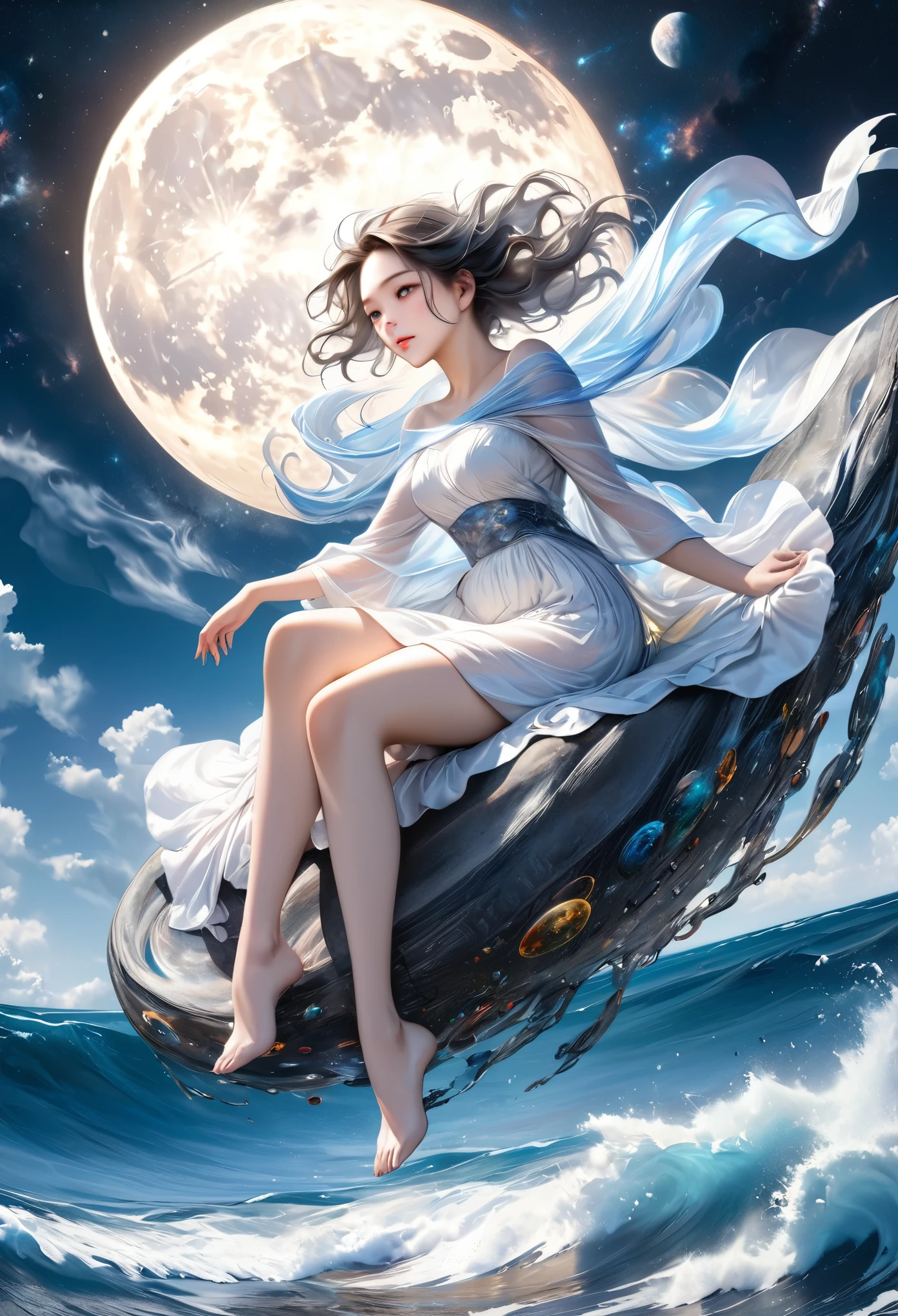best quality, super fine, 16k, masterpiece, RAW photo, photorealistic, A three-dimensional depiction of undulating oil paintings, fusion of watercolors and oil paintings, combination of monochrome and color, the ocean and the galaxy universe in the big full moon during the day, beautiful fantasy woman seated in the air, outstanding image effects, wonderful work of art