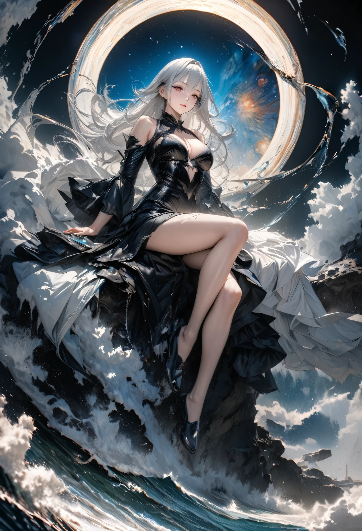 (Masterpiece, 4k resolution, ultra-realistic, very detailed), (White superhero theme, charismatic, there's a girl on top of town, wearing Spider-Man costume, she's a superhero), [ ((25 years), (long white hair:1.2), full body, (blue eyes:1.2), ((Spider-Man pose),show of strength, jumping from one building to another), ((sandy urban environment):0.8)| (cityscape, at night, dynamic lights), (full moon))] # Explanation: The Prompt mainly describes a 4K painting of ultra-high definition, very realistic, very detailed. It shows a superheroine at the top of the city, wearing a Spider-Man costume. The theme in the painting is a white superhero theme, the female protagonist has long white hair, is 25 years old and her entire body is shown in the painting. In terms of portraying the actions of superheroines, spiders are employed --auto