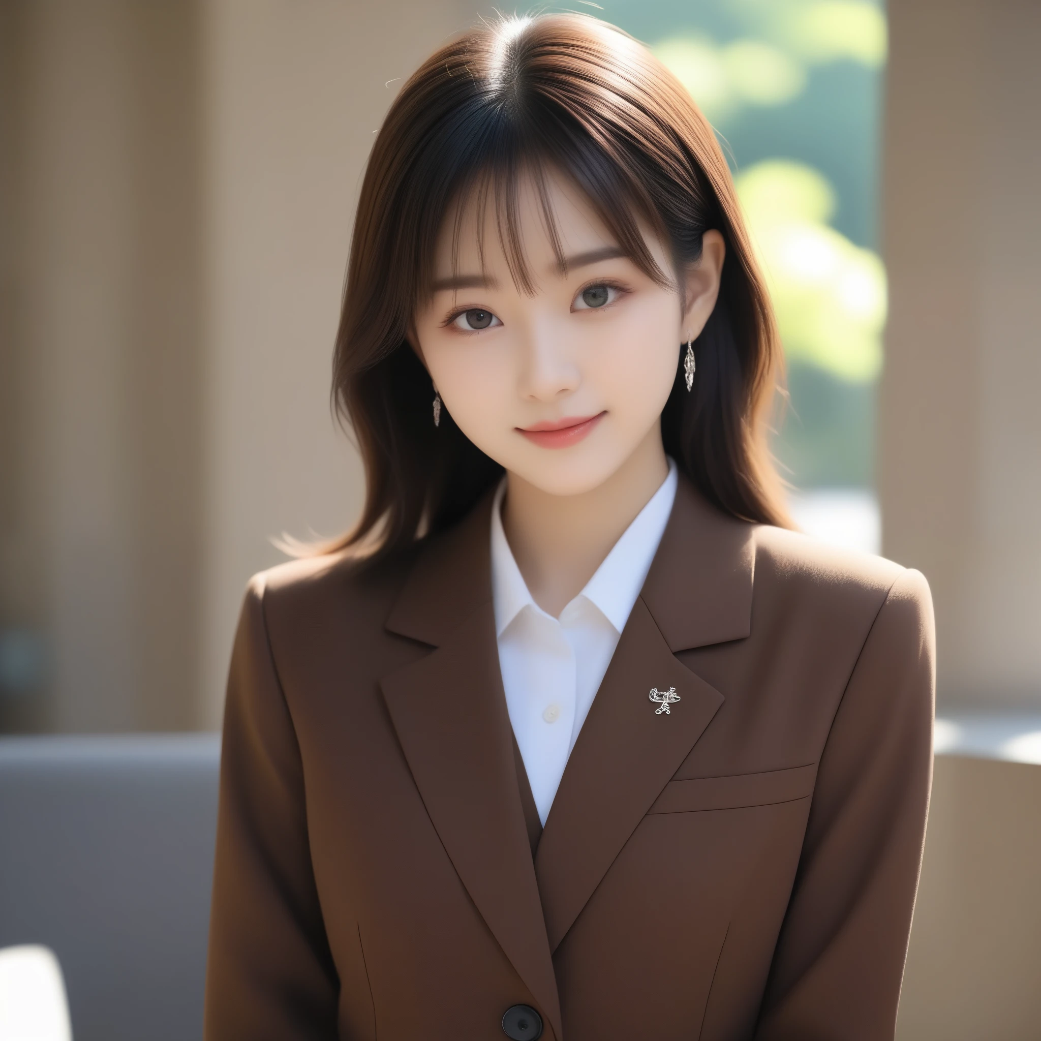 8k, 超High resolution, highest quality, masterpiece, Surreal, photograph, 1 girl, (16 years old:1.3), pretty girl, Cute Face, Beautiful eyes in every detail, 細かくdetailedに,masterpiece,, One Girl:1.2, Japan Female Announcer,highest quality, Realistic, 非常にdetailed, detailedに, High resolution, とても美しい16 years oldの日本人女性, wearing an expensive brown formal suit,uniform、Diamond Earrings, Sharp focus, Perfect dynamic composition, Beautiful details, High nose、shapely nose、Thin Hair, detailedかつリアルな肌の質感, Cool look、Cool face、 Model Body Type、Narrow forehead、Black unkempt hair、drooping bangs,Bold Pose,Looking at the audience、beauty,Long neck、Laugh a little、Please close your mouth and laugh、(((Ideal body type))),A cup small breasts :2,whole body、Perfect Anatomy、鮮明なdetailed、detailed、Surreal、Light and shadow,Strong light