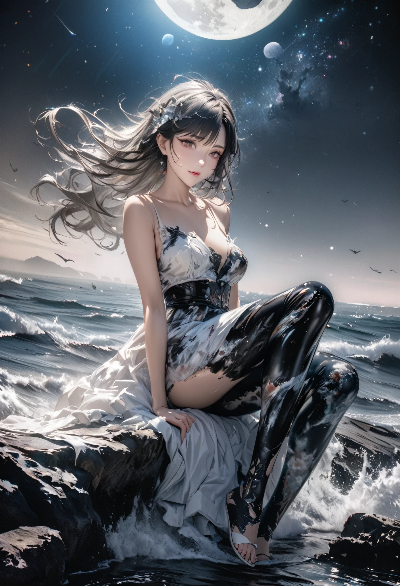 best quality, super fine, 16k, masterpiece, RAW photo, photorealistic, A three-dimensional depiction of undulating oil paintings, fusion of watercolors and oil paintings, combination of monochrome and color, the ocean and the galaxy universe in the big full moon during the day, beautiful fantasy woman seated in the air, outstanding image effects, wonderful work of art
