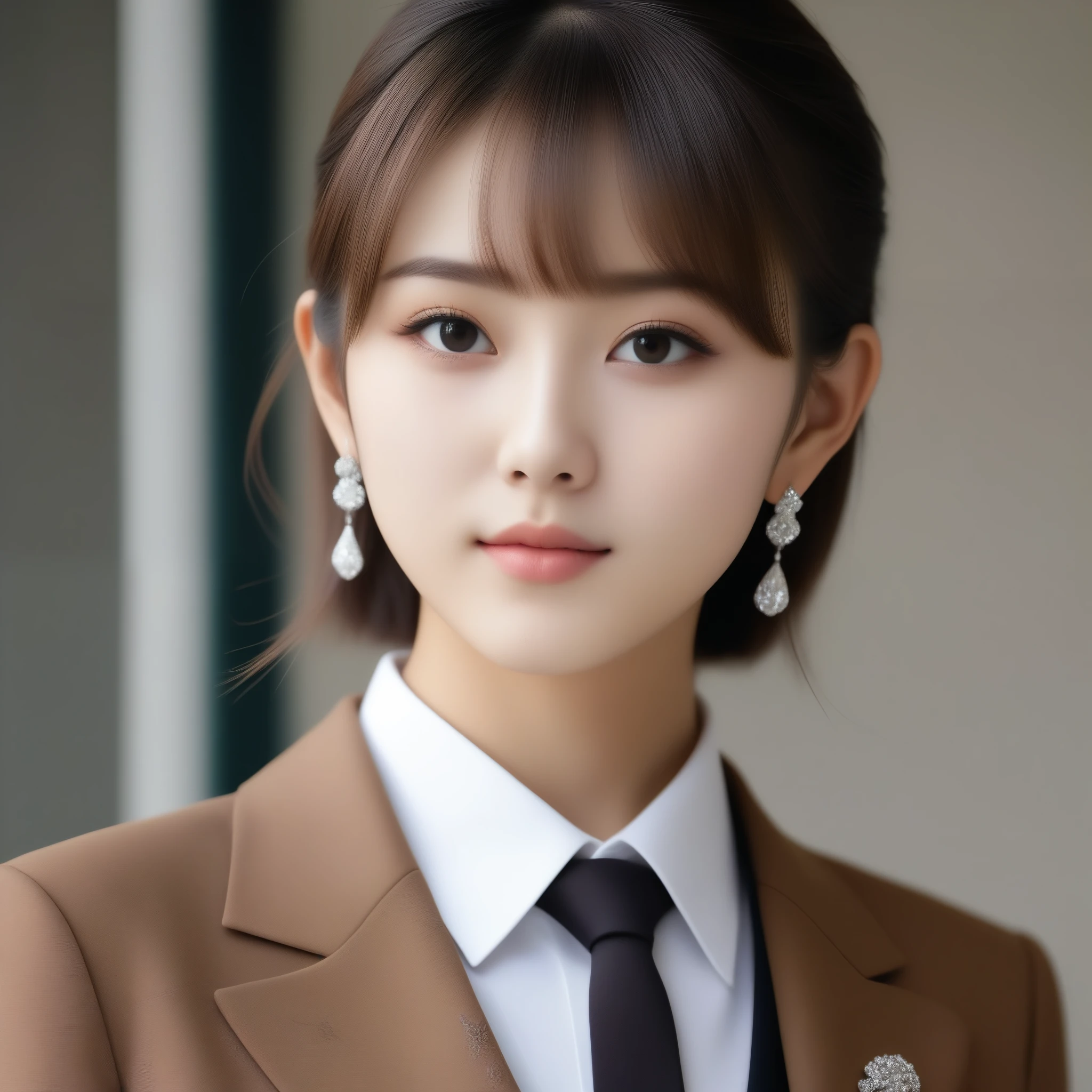 8k, 超High resolution, highest quality, masterpiece, Surreal, photograph, 1 girl, (:1.3), pretty girl, Cute Face, Beautiful eyes in every detail, 細かくdetailedに,masterpiece,, One Girl:1.2, Japan Female Announcer,highest quality, Realistic, 非常にdetailed, detailedに, High resolution, とても美しい16 years oldの日本人女性, wearing an expensive brown formal suit,uniform、Diamond Earrings, Sharp focus, Perfect dynamic composition, Beautiful details, High nose、shapely nose、Thin Hair, detailedかつリアルな肌の質感, Cool look、Cool face、 Model Body Type、Narrow forehead、Black unkempt hair、drooping bangs,Bold Pose,Looking at the audience、beauty,Long neck、Laugh a little、Please close your mouth and laugh、(((Ideal body type))),A cup small breasts :2,whole body、Perfect Anatomy、鮮明なdetailed、detailed、Surreal、Light and shadow,Strong light