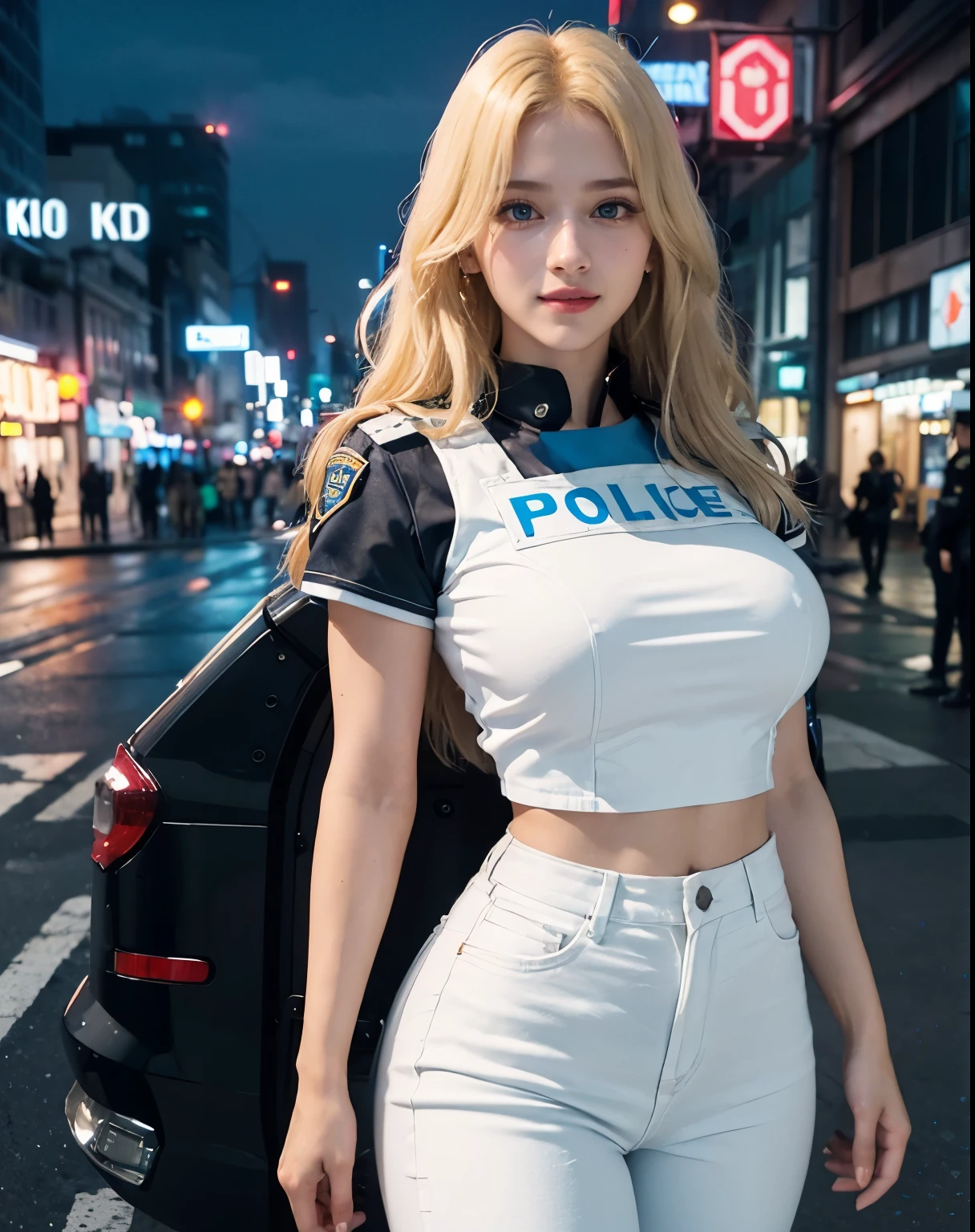 1girl, (Blue Eyes), (smiling :1.2), (Sana Minatozaki), (beautiful makeup :1.2), (wide hips), Big tits, (big ass), (Best Quality, 8k, Masterpiece: 1.3), Clear Focus: 1.2, Perfect Body Beauty: 1.4, strong abs, Highly detailed face and skin texture, detailed eyes, double eyelids, (blonde long hair :1.2), standing, dynamic pose, (women's police uniform :1.2), (white police shirt :1.2), (black jeans :1.1), (bulletproof vest), police badge, policewoman, on the streets of a futuristic city at night, giant buildings illuminated by illuminated signs in the background, street illuminated by neon lights