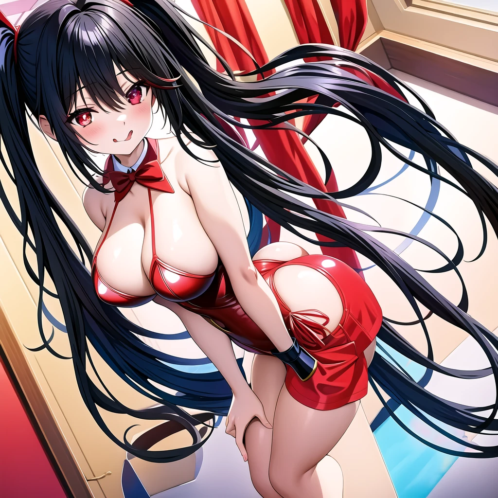 Kurumi, (obra maestra, mejor calidad:1.2), 1 GIRL, SOLO, RED RIGHT EYE, BLACK BRA, BLACK HAIR, CLEAVAGE, HAIR DECORATION, BARE SHOULDERS, BIG BREASTS, GOTHIC, 1GIRL, SYMBOL-SHAPED PUPILS, ANIMAL EARS, BREASTS, BDSM, RABBIT EARS, BONDAGE, CLOCK EYES, HETEROCHROMIA, BOUND, PLAYBOY BUNNY, TONGUE OUT, SOLO, ARMS BEHIND BACK, TONGUE, RED LEOTARD, LEOTARD, ASS, TWINTAILS, VIBRATOR, , TOKISAKI KURUMI