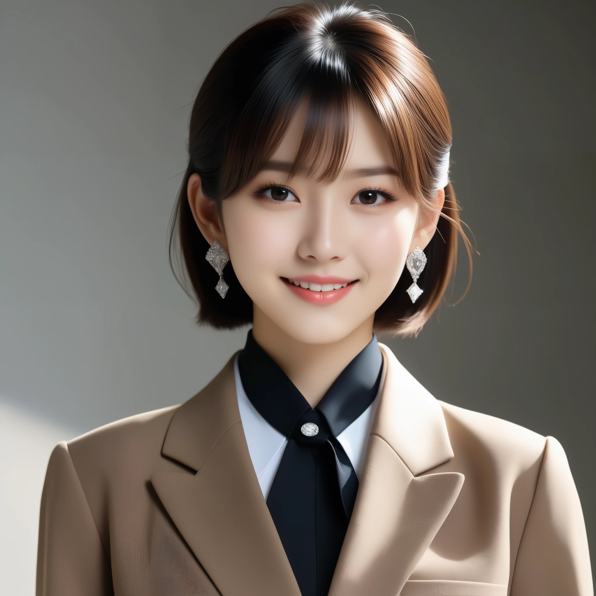 8k, 超High resolution, highest quality, masterpiece, Surreal, photograph, 1 girl, (:1.3), pretty girl, Cute Face, Beautiful eyes in every detail, 細かくdetailedに,masterpiece,, One Girl:1.2, Japan Female Announcer,highest quality, Realistic, 非常にdetailed, detailedに, High resolution, とても美しい16 years oldの日本ing an expensive brown formal suit,uniform、Diamond Earrings, Sharp focus, Perfect dynamic composition, Beautiful details, High nose、shapely nose、Thin Hair, detailedかつリアルな肌の質感, Cool look、Cool face、 Model Body Type、Narrow forehead、Black unkempt hair、drooping bangs,Bold Pose,Looking at the audience、beauty,Long neck、Laugh a little、Please close your mouth and laugh、(((Ideal body type))),A cup small breasts :2,whole body、Perfect Anatomy、鮮明なdetailed、detailed、Surreal、Light and shadow,Strong light