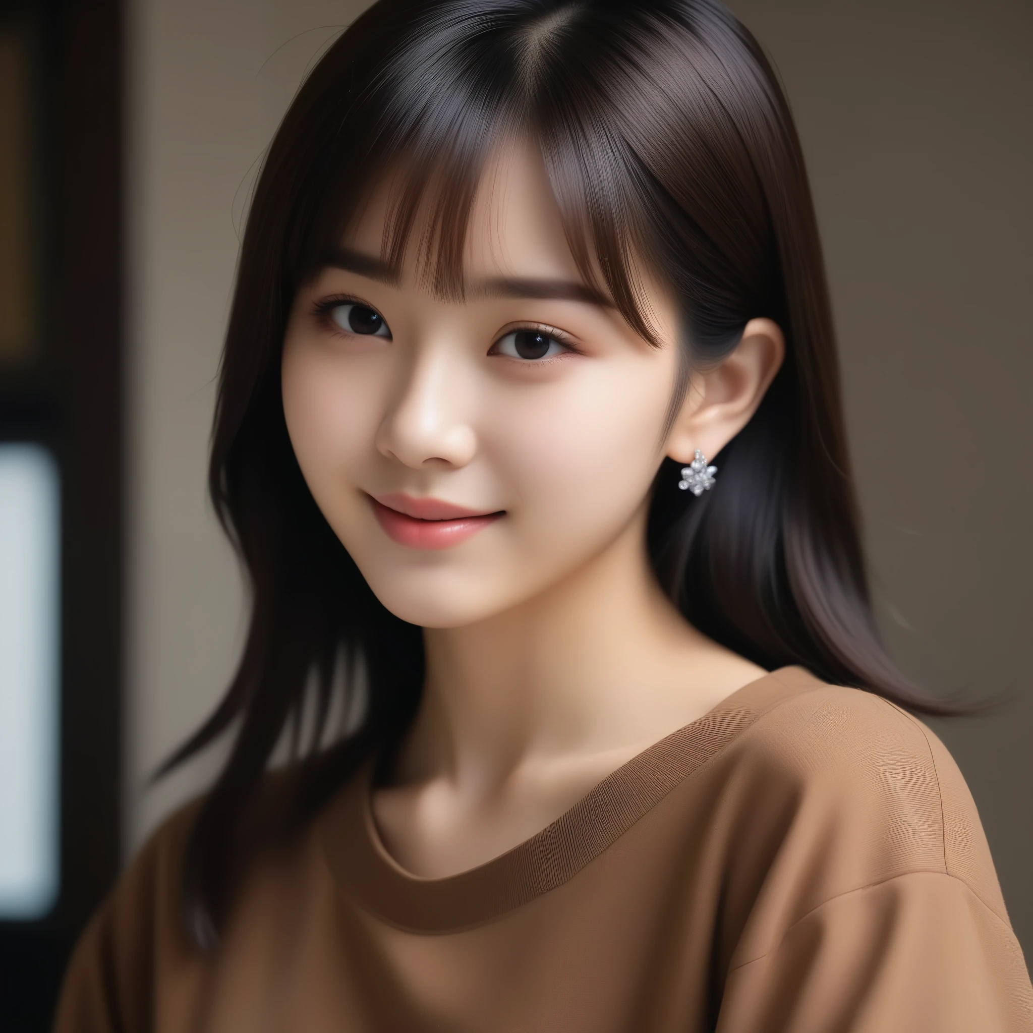 8k, 超High resolution, highest quality, masterpiece, Surreal, photograph, 1 girl, (16 years old:1.3), pretty girl, Cute Face, Beautiful eyes in every detail, 細かくdetailedに,masterpiece,, One Girl:1.2, Japan Female Announcer,highest quality, Realistic, 非常にdetailed, detailedに, High resolution, とても美しい16 years oldの日本人女性, wearing an expensive brown formal suit,uniform、Diamond Earrings, Sharp focus, Perfect dynamic composition, Beautiful details, High nose、shapely nose、Thin Hair, detailedかつリアルな肌の質感, Cool look、Cool face、 Model Body Type、Narrow forehead、Black unkempt hair、drooping bangs,Bold Pose,Looking at the audience、beauty,Long neck、Laugh a little、Please close your mouth and laugh、(((Ideal body type))),A cup small breasts :2,whole body、Perfect Anatomy、鮮明なdetailed、detailed、Surreal、Light and shadow,Strong light
