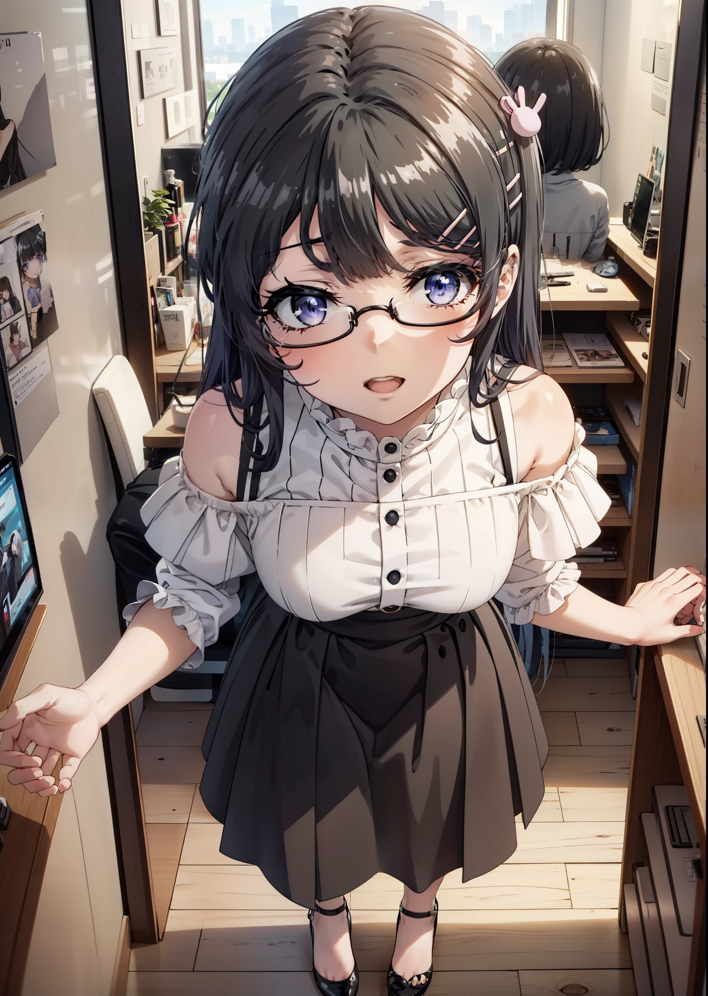 maisakurajima, Mai Sakurajima, Long Hair, bangs, (Black Hair:1.5), hair ornaments, (Purple eyes:1.1), Hair Clip, rabbit hair ornaments,Cold shoulder tops,Long skirt,Stiletto heels,Black-rimmed glasses,happy smile, smile, Open your mouth,walk,whole bodyがイラストに入るように,Daytime,sunny,There is a computer on the table,
break indoors, office,
break looking at viewer, whole body,
break (masterpiece:1.2), highest quality, High resolution, unity 8k wallpaper, (shape:0.8), (Beautiful details:1.6), Highly detailed face, Perfect lighting, Extremely detailed CG, (Perfect hands, Perfect Anatomy),