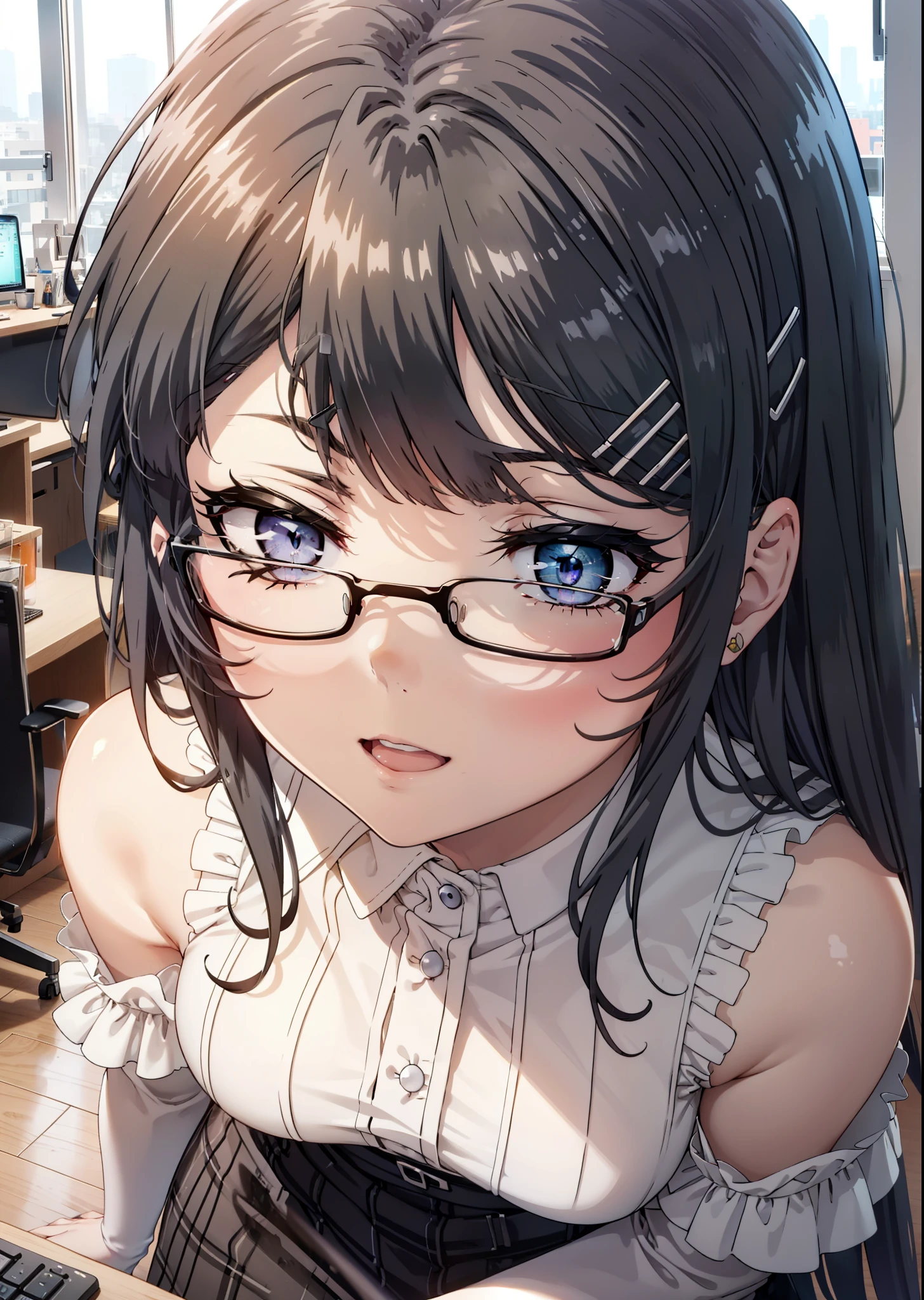 maisakurajima, Mai Sakurajima, Long Hair, bangs, (Black Hair:1.5), hair ornaments, (Purple eyes:1.1), Hair Clip, rabbit hair ornaments,Cold shoulder tops,Long skirt,Stiletto heels,Black-rimmed glasses,happy smile, smile, Open your mouth,walk,whole bodyがイラストに入るように,Daytime,sunny,There is a computer on the table,
break indoors, office,
break looking at viewer, whole body,
break (masterpiece:1.2), highest quality, High resolution, unity 8k wallpaper, (shape:0.8), (Beautiful details:1.6), Highly detailed face, Perfect lighting, Extremely detailed CG, (Perfect hands, Perfect Anatomy),