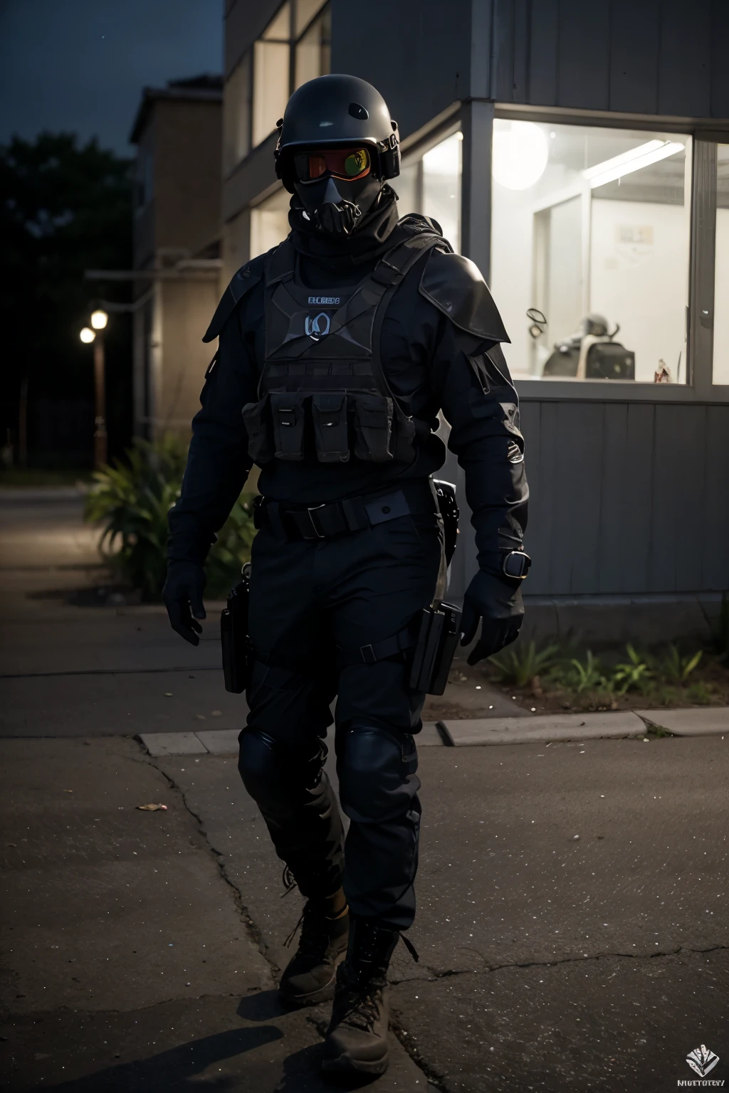 Create a character wearing a mix of Special Forces, Navy SEALs, Delta Forces and SAS Tactical Armor, wearing of tactical helmet with night vision googles, skull mask, large and heavy armor body and legs