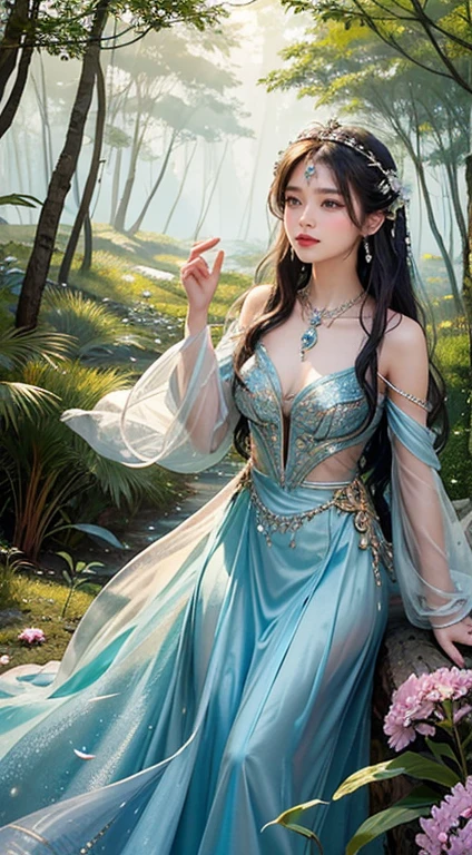 Imagine an Asian girl emerging from the mystical mist of an enchanted forest. Her beauty is extraordinary, surpassing conventional standards, like a goddess from a fairy tale. She is surrounded by an aura of soft light, exuding a mysterious atmosphere that captivates all creatures in the forest.
Her face is delicate, with eyes that shine like stars in the night, holding the wisdom of thousands of years. Her smile is magical, capable of melting the coldest of hearts. Each step she takes leaves behind shimmering patterns on the ground, as if she is walking on a colorful carpet of flowers.
Her attire is a masterpiece made from the magical materials of nature, woven by the forest fairies. The flowing fabrics, adorned with intricate patterns, move gracefully with each gentle breeze, as if they are dancing with her. Sparkling feathers and rare precious gems embellish her dress, reflecting light and creating an enchanting spectacle.
Each time she gazes into your eyes, you are drawn into an untold fairy tale, a magical journey waiting to be explored. The mythical creatures of the forest – from fiery dragons to tiny fairies – are all captivated by her presence, as if enchanted by an irresistible spell.
People are not only drawn to her external beauty but also to the deep mystery within. She embodies courage and inner strength, inspiring those around her to embrace the wonders hidden within themselves. She is a guiding light, the goddess of mystery and magic, bringing light and hope to everyone.