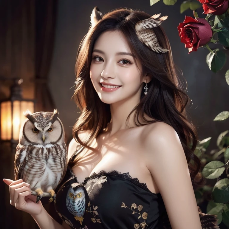 (Highest quality, masterpiece: 1,1), (busty  with owl, dark eyes, bright smile, rose hair, illustration), painting, detailed, 8K