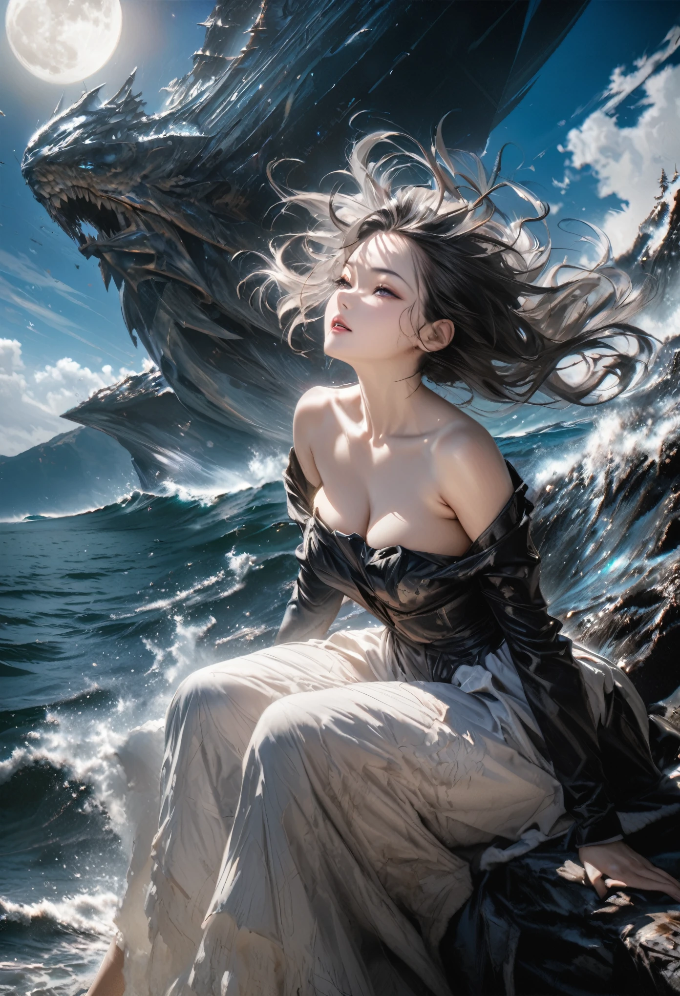 best quality, super fine, 16k, masterpiece, RAW photo, photorealistic, A three-dimensional depiction of undulating oil paintings, fusion of watercolors and oil paintings, combination of monochrome and color, the ocean and the galaxy universe in the big full moon during the day, beautiful fantasy woman seated in the air, outstanding image effects, wonderful work of art