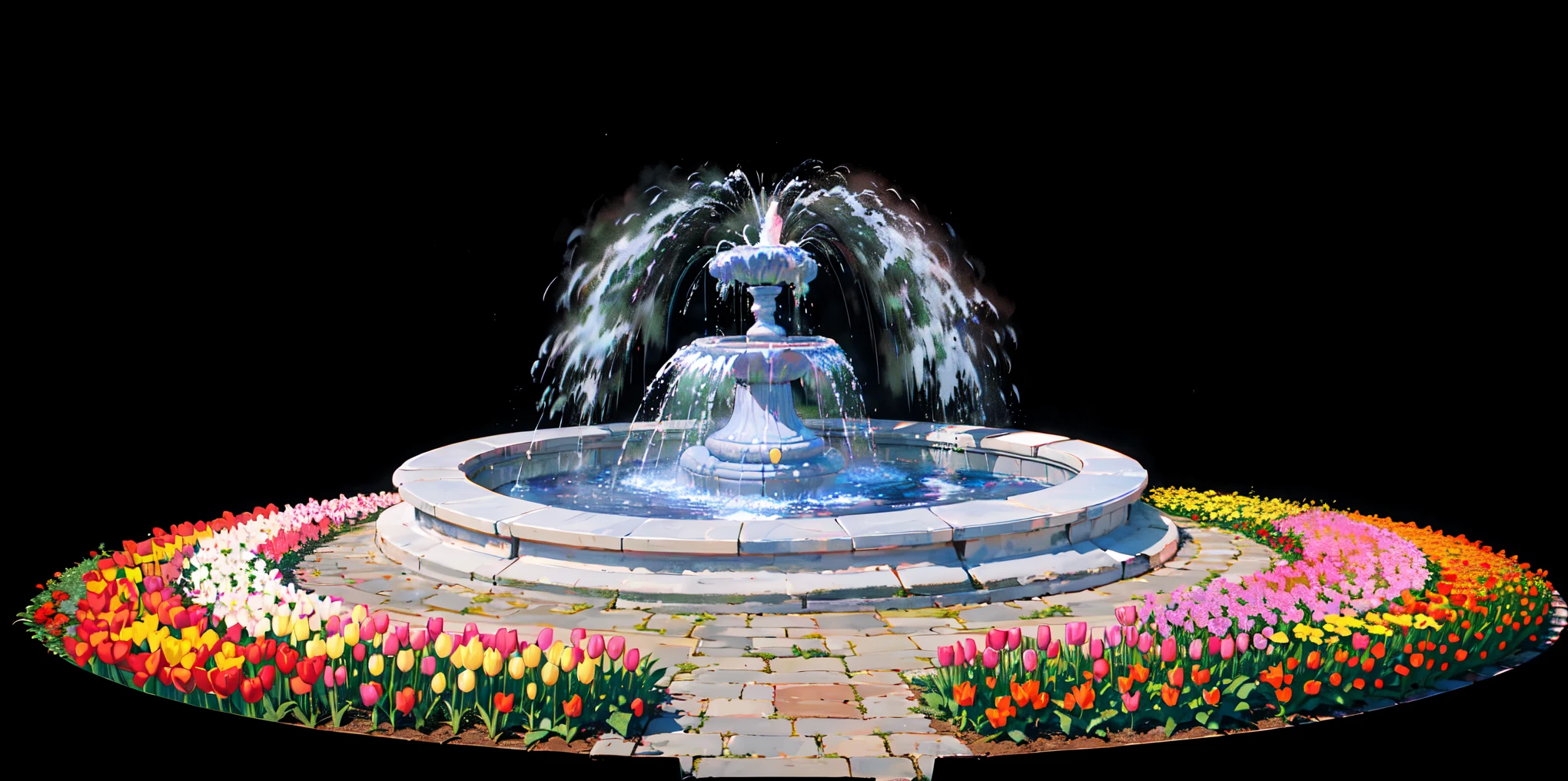 (Photorealistic)、 An elaborate botanical garden:1.5,highest quality, masterpiece l(1.4), (Vibrant and colorful tulip flower fields,),,A large marble fountain in the center,Sparkling fountain splashes,A wealth of colours and textures. (Colorful tulips,), (Red, pink, yellow and purple tulips,),This garden is a treat for the eyes. The AI platform renders this scene in a whimsical, dreamlike style.。, With soft brushstrokes and pastel colors.