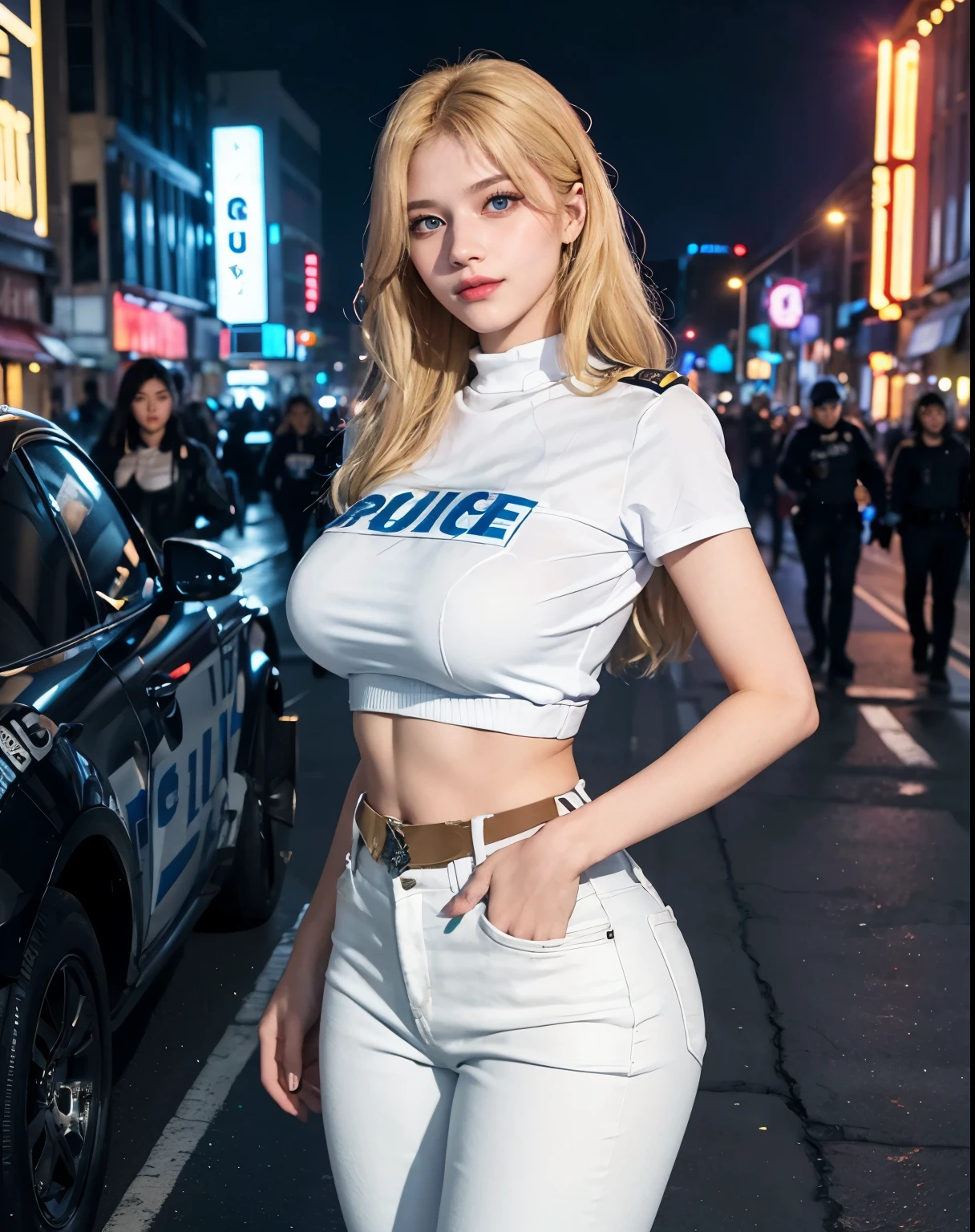 1girl, (Blue Eyes), (smiling :1.2), (Sana Minatozaki), (beautiful makeup :1.2), (wide hips), Big tits, (big ass), (Best Quality, 8k, Masterpiece: 1.3), Clear Focus: 1.2, Perfect Body Beauty: 1.4, strong abs, Highly detailed face and skin texture, detailed eyes, double eyelids, (blonde long hair :1.2), standing, dynamic pose, (women's police uniform :1.2), (white police shirt :1.2), (black jeans :1.1), (bulletproof vest), police badge, policewoman, on the streets of a futuristic city at night, giant buildings illuminated by illuminated signs in the background, street illuminated by neon lights