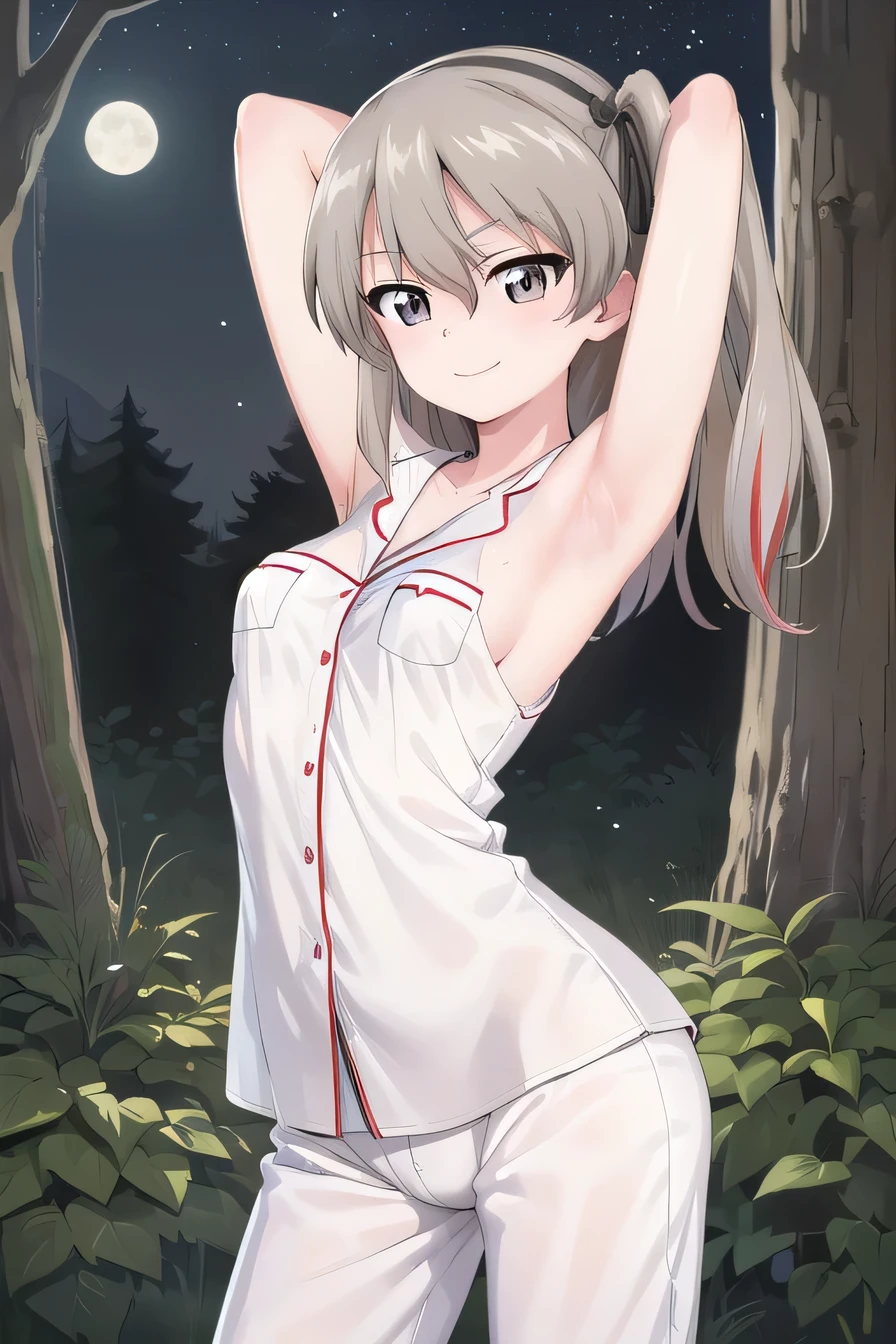 masterpiece, best quality, 1girl, solo, female focus, girls und panzer, shimada arisu, hair ribbon, (white pajamas:1.2), blush, solo, night sky, forest, arms behind head, contrapposto, spread armpits, closed mouth, smile, cowboy shot, two-tone shirt, breasts, medium hair, smile,