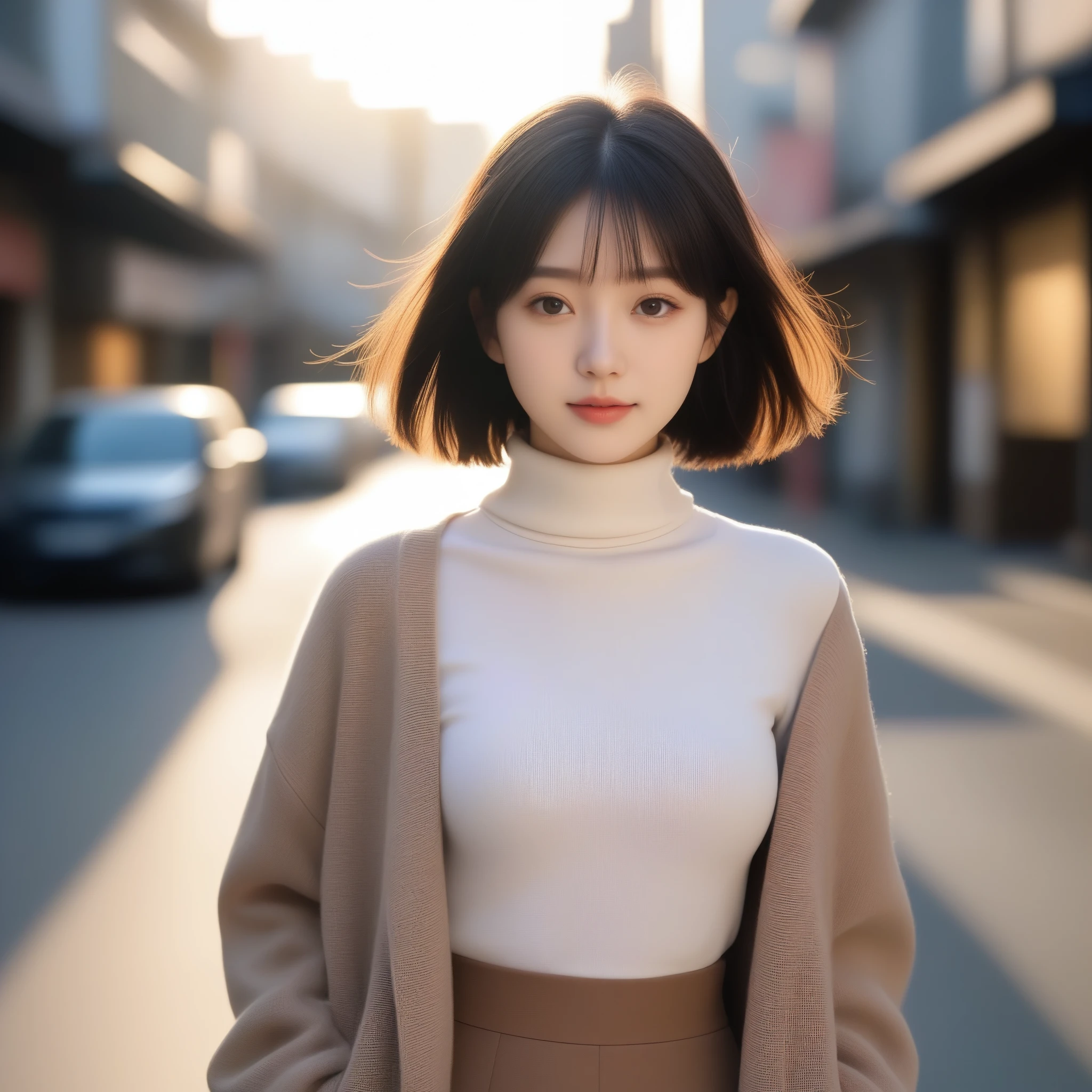 8k, Ultra-high resolution, highest quality, masterpiece, Surreal, photograph, 1 girl, (16 years old:1.3), cute girl, cute face, Beautiful eyes in every detail, masterpiece, highest quality, (highest quality,masterpiece:1.3,Ultra-high resolution),(Very detailed,Caustics,8k),(Realistic:1.4,RAW shooting),At dusk,sunset,Warm Light,Backlight,wonderful,Lens flare,street,24-years-old,cute,Japanese,Short black hair,The best smile,big ,down coat,Turtleneck sweater,Long skirt,Low position,Low - Angle,Blur the background,Natural light , (((whole body))),、super cute super model、Look closely at the camera 、wonderful details、detailed、Surreal、Light and shadow,Strong light,Fashion magazine cover,Thin lips