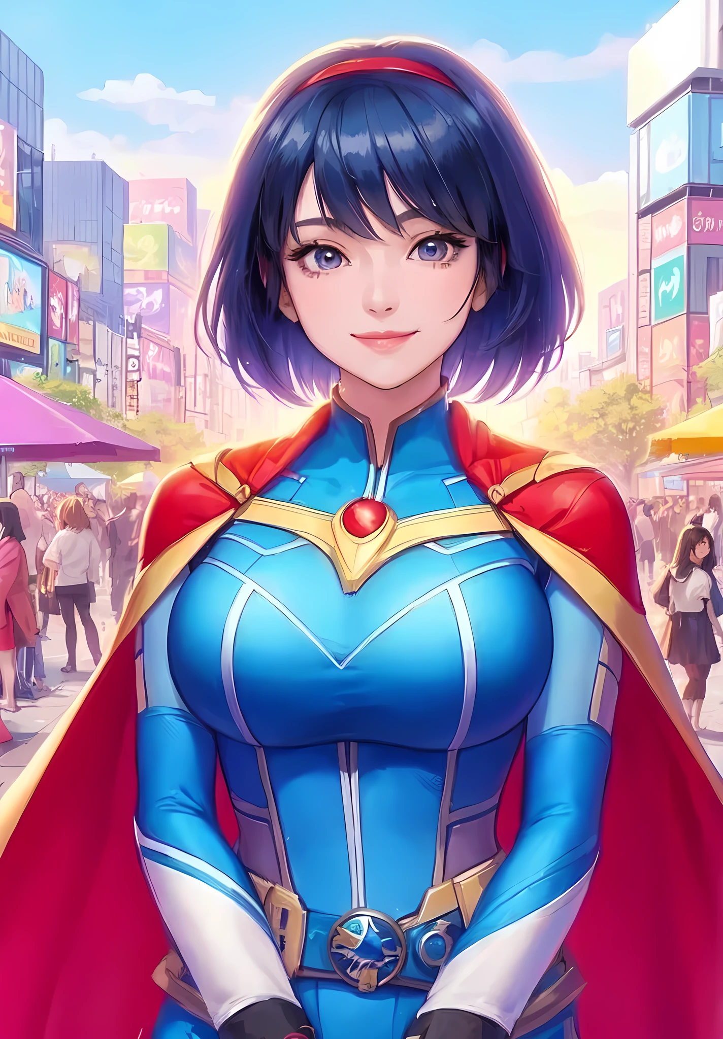 1lady standing, cosplayer, (superhero costume) stylish, belt, (mature female:0.9), /(navy hair/) bangs, hair band, kind smile, (masterpiece best quality:1.2) delicate illustration ultra-detailed, large breasts BREAK (anime-related event) outdoors, (outdoor venue), square, crowded, audience, noon, detailed background