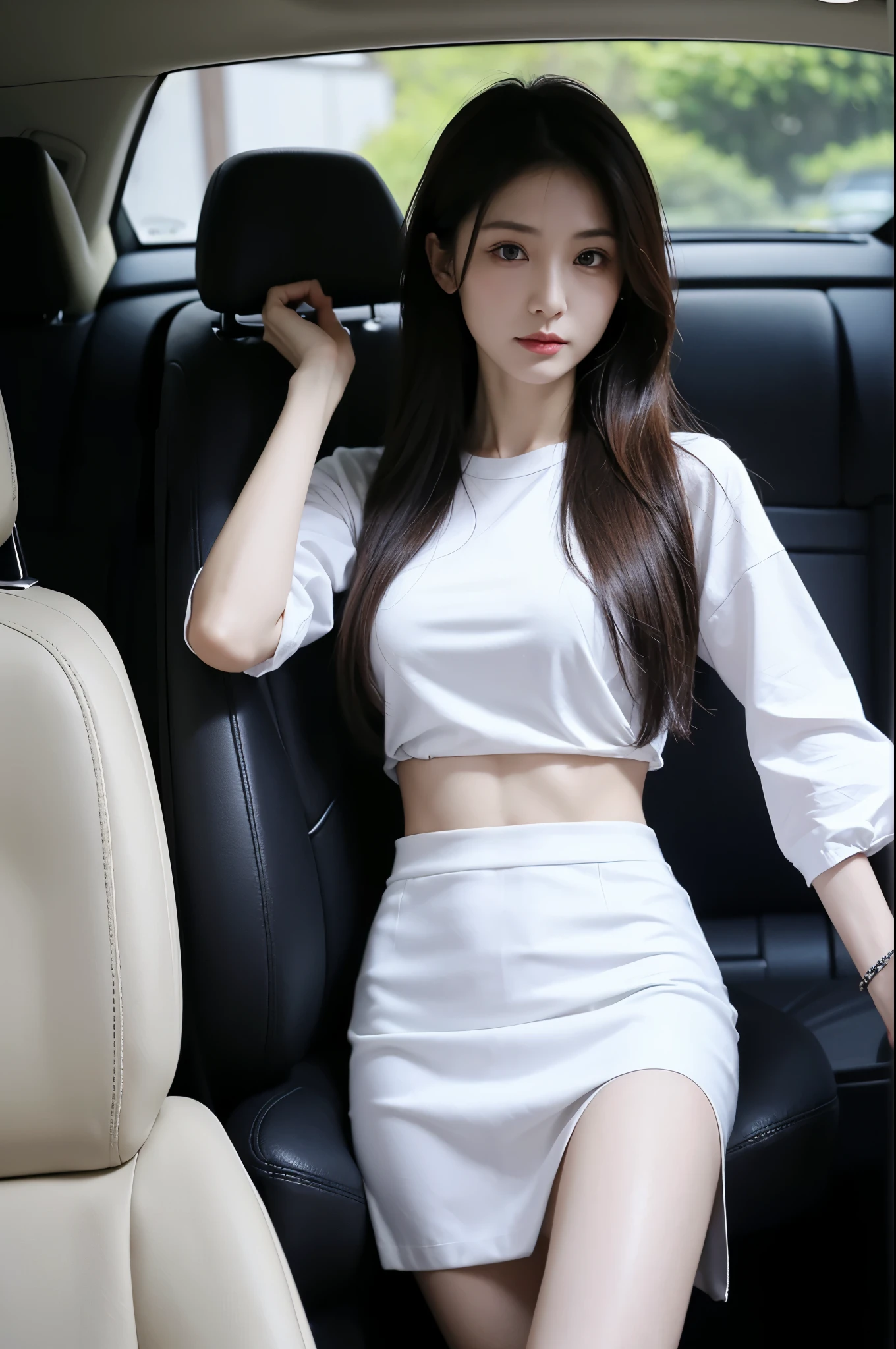 (High reality photograph, high resolusion, detailed face, detailed eyes), Japanese lady, 40 years old, various face expression, solo:1, skinny figure, medium breasts, emphasizing very thin waist, various hair style, Shirt, tight skirt, in a car, full-body photo, alone in a photo