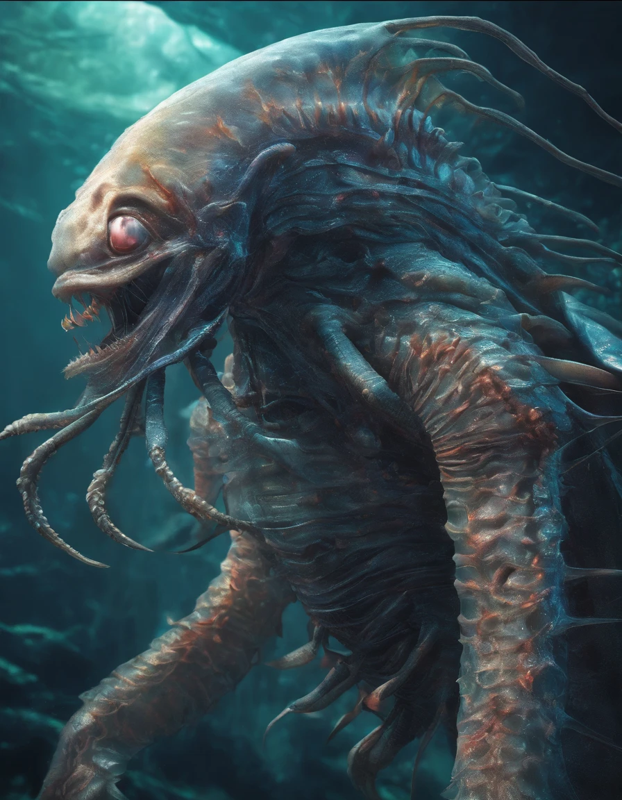 「Deep Waver」。Mainly lurks at the bottom of the deep sea。The body length is about 10 meters、Weight: about 5 tons。Its appearance is a huge body covered with silver scales.、Has large, luminous eyes。It has large horns and limbs and can even climb onto land.、Their food sources include deep-sea fish and giant crustaceans, as well as other marine life.。If you witness this, you should quietly leave the area.。Deep Waverは巨大な生物であり、It is said that there is a high risk of being attacked if you approach。
