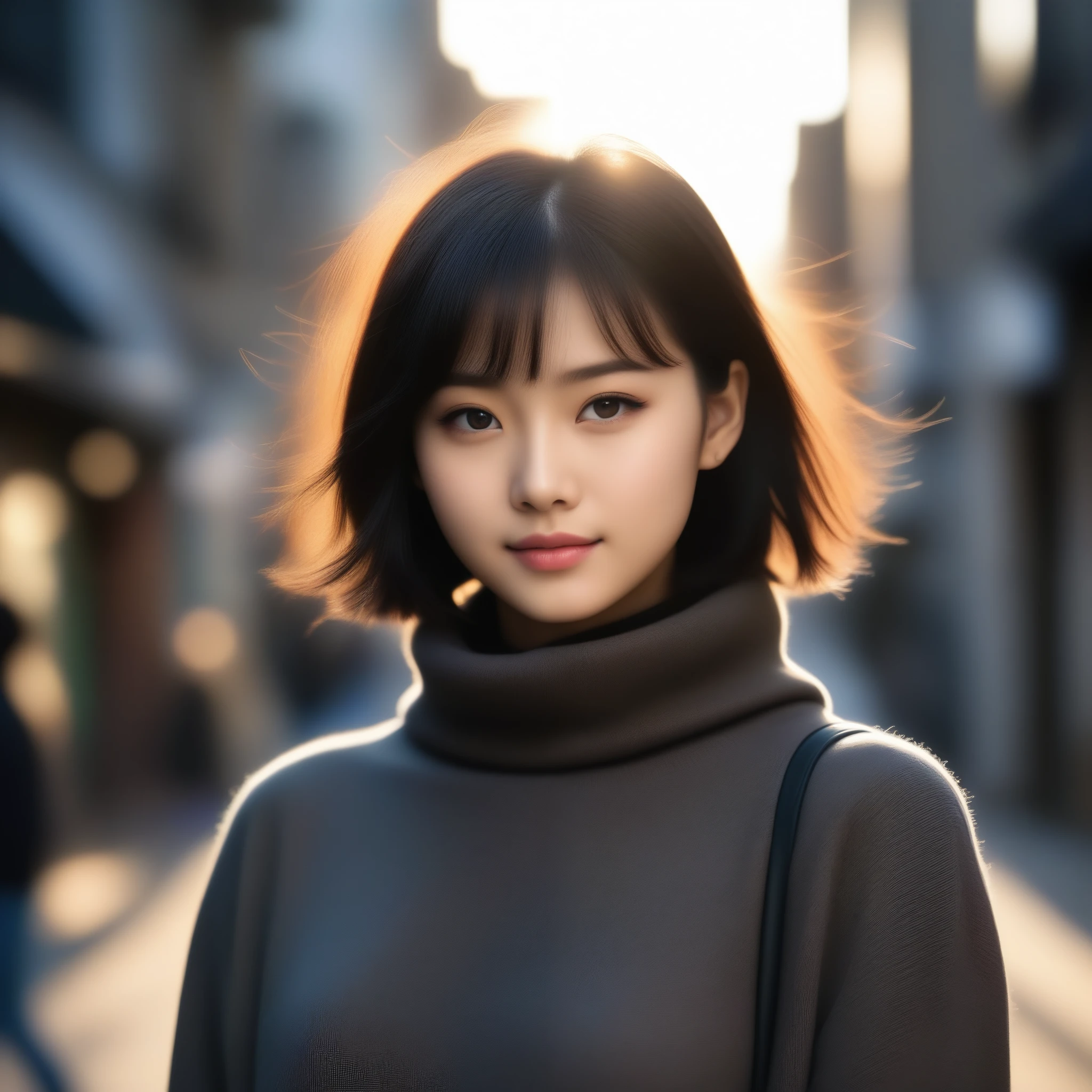 8k, Ultra-high resolution, highest quality, masterpiece, Surreal, photograph, 1 girl, (16 years old:1.3), cute girl, cute face, Beautiful eyes in every detail, masterpiece, highest quality, (highest quality,masterpiece:1.3,Ultra-high resolution),(Very detailed,Caustics,8k),(Realistic:1.4,RAW shooting),At dusk,sunset,Warm Light,Backlight,wonderful,Lens flare,street,24-years-old,cute,Japanese,Short black hair,The best smile,big ,down coat,Turtleneck sweater,Long skirt,Low position,Low - Angle,Blur the background,Natural light , (((whole body))),、super cute super model、Look closely at the camera 、wonderful details、detailed、Surreal、Light and shadow,Strong light,Fashion magazine cover,Thin lips
