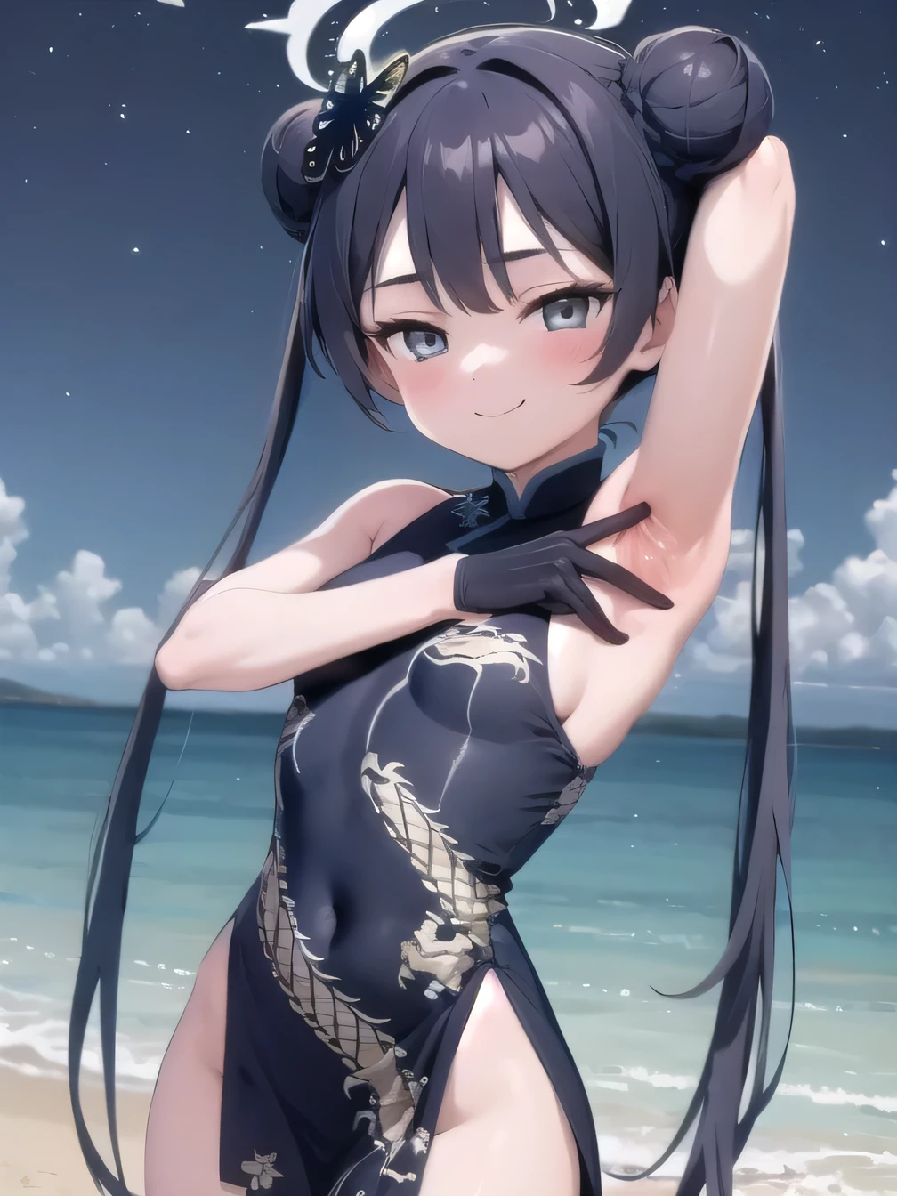 (masterpiece, best quality), 1girl,   kisaki, grey eyes, black hair, hair bun, double bun, twintails, butterfly hair ornament, halo,, china dress, black dress, sleeveless, dragon print, gloves, closed mouth, solo, cowboy shot, night sky, beach, arms behind head, contrapposto, spread armpits, looking at viewer, best quality, smile, 