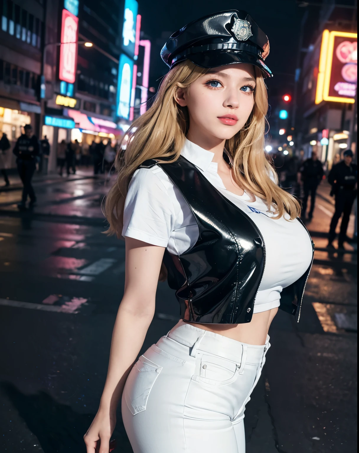 1girl, (Blue Eyes), (smiling :1.2), (Sana Minatozaki), (beautiful makeup :1.2), (wide hips), Big tits, (big ass), (Best Quality, 8k, Masterpiece: 1.3), Clear Focus: 1.2, Perfect Body Beauty: 1.4, strong abs, Highly detailed face and skin texture, detailed eyes, double eyelids, (blonde long hair :1.2), standing, dynamic pose, (women's police uniform :1.2), (white police shirt :1.2), (black jeans :1.1), (bulletproof vest), police badge, policewoman, on the streets of a futuristic city at night, giant buildings illuminated by illuminated signs in the background, street illuminated by neon lights