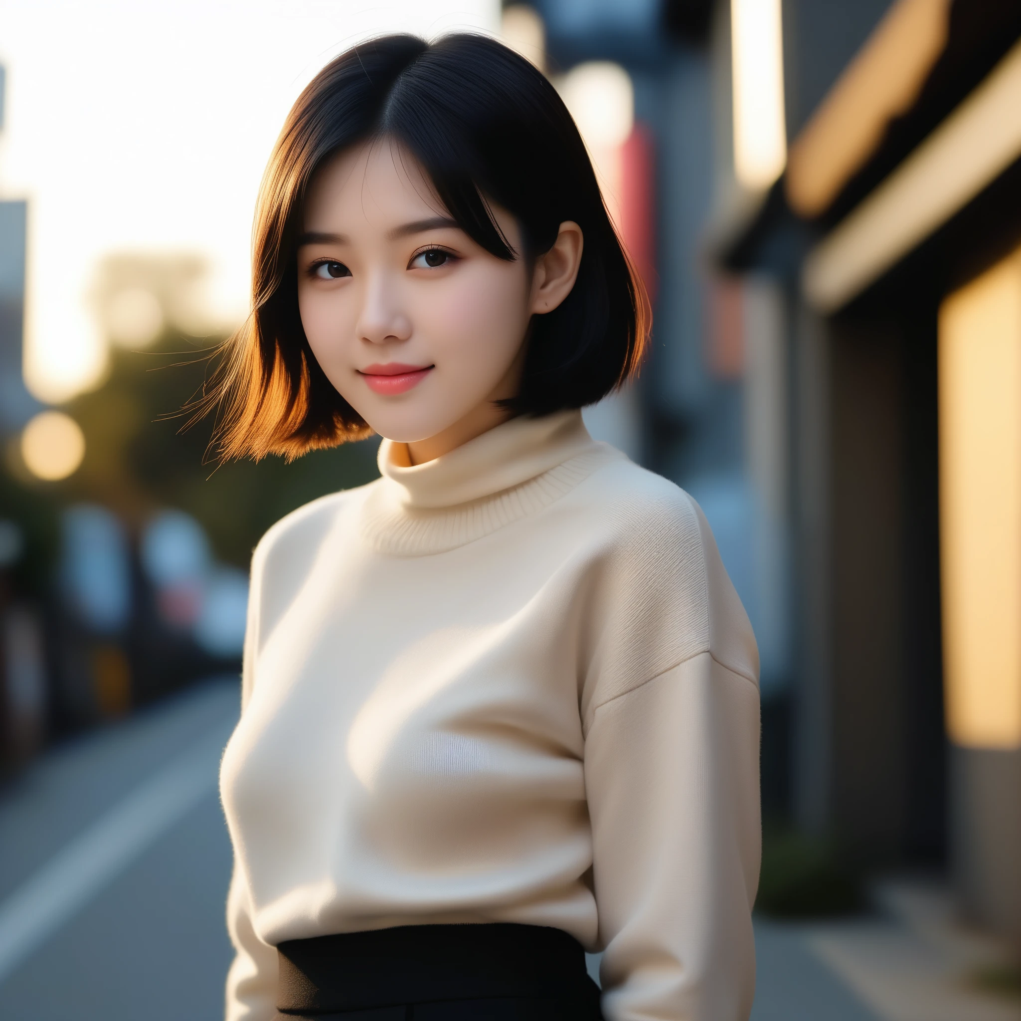 8k, Ultra-high resolution, highest quality, masterpiece, Surreal, photograph, 1 girl, (16 years old:1.3), cute girl, cute face, Beautiful eyes in every detail, masterpiece, highest quality, (highest quality,masterpiece:1.3,Ultra-high resolution),(Very detailed,Caustics,8k),(Realistic:1.4,RAW shooting),At dusk,sunset,Warm Light,Backlight,wonderful,Lens flare,street,24-years-old,cute,Japanese,Short black hair,The best smile,big ,down coat,Turtleneck sweater,Long skirt,Low position,Low - Angle,Blur the background,Natural light , (((whole body))),、super cute super model、Look closely at the camera 、wonderful details、detailed、Surreal、Light and shadow,Strong light,Fashion magazine cover,Thin lips