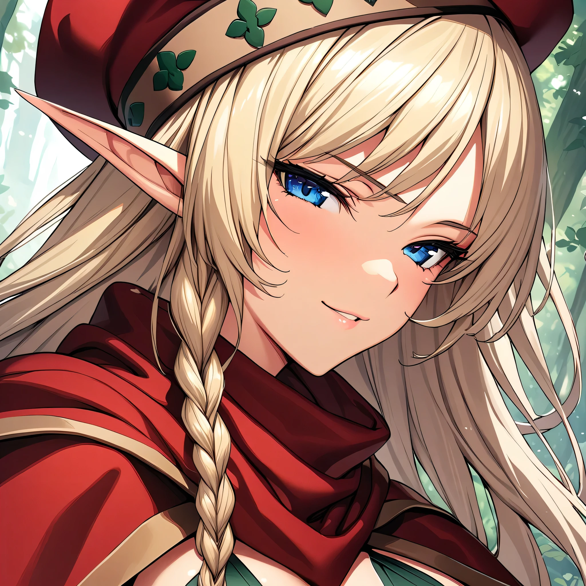 (masterpiece),(best quality),(ultra-detailed),(best illustration),(best shadow),(absurdres),(detailed background),(very aesthetic), alleyne, 1girl, elf, solo, pointy ears, blue eyes, hat, beret, braid, blonde hair, breasts, long hair, side braid, cape, looking at viewer, seductive smile, very close-up, portrait, 