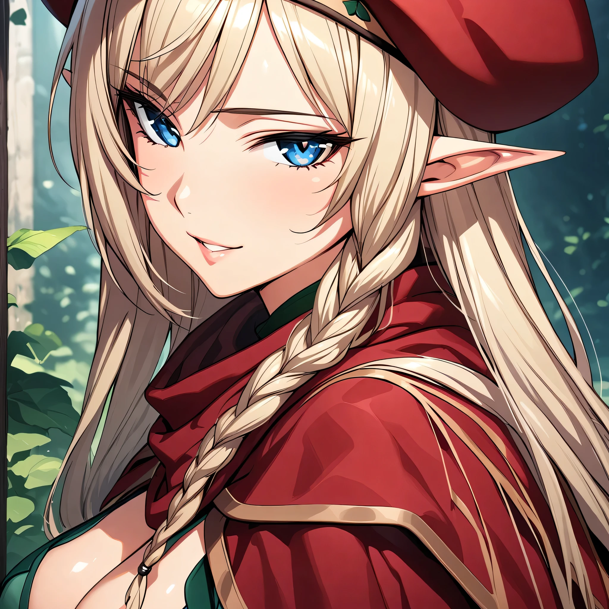 (masterpiece),(best quality),(ultra-detailed),(best illustration),(best shadow),(absurdres),(detailed background),(very aesthetic), alleyne, 1girl, elf, solo, pointy ears, blue eyes, hat, beret, braid, blonde hair, breasts, long hair, side braid, cape, looking at viewer, seductive smile, very close-up, portrait, <lora:Alleyne:1>
