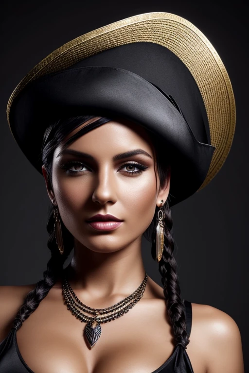Gorgeous european woman with short hair, braided hair, wet hair, hair slicked back, combed straight back, slick hair, black gradient hair, dressed as a gypsy pirate, small pirate hat, jewelry, cleavage, glamour, solid dark grey background