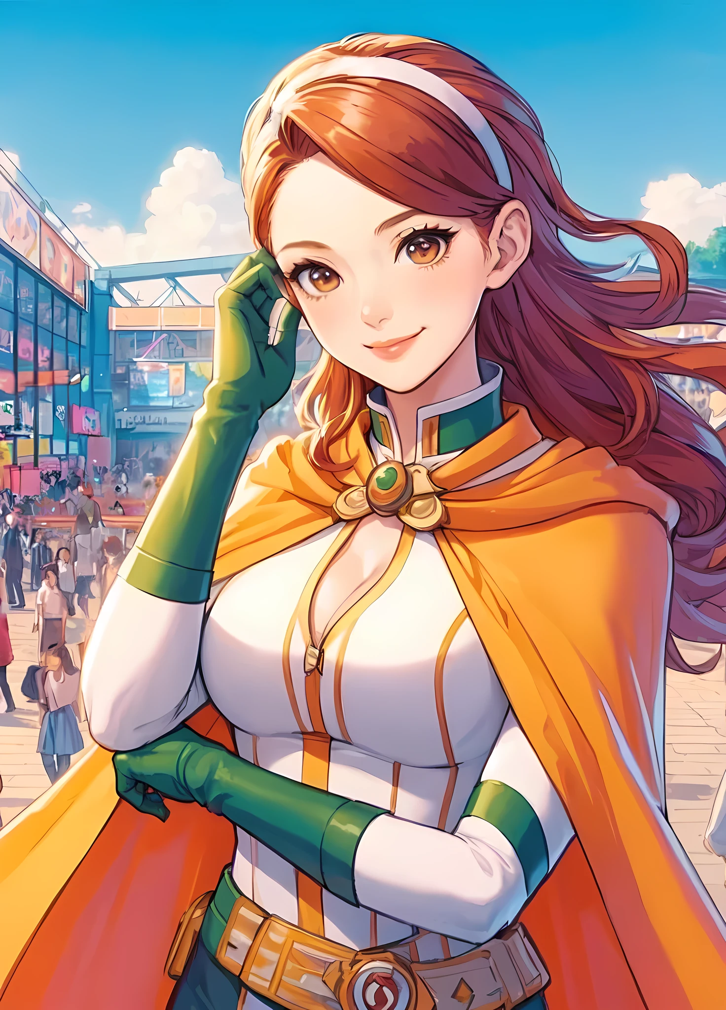 1lady standing, cosplayer, (superhero costume), stylish, belt, (mature female:0.9), /(orange hair/) bangs, hair band, kind smile, (masterpiece best quality:1.2) delicate illustration ultra-detailed, large breasts BREAK (anime-related event) outdoors, (outdoor venue), square, crowded, audience, noon, detailed background