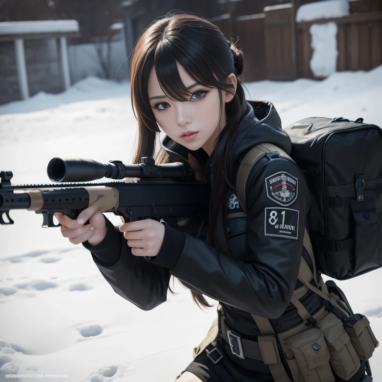 (8k, La mejor calidad, Obra maestra:1.2) personajes dos chicas de anime juntas labios rojos gruesos y calientes Ojos 4k y cara extremadamente detallados,hermosos ojos azules hermosos ,con pechos enormes muslos hechizantes cuerpo completo sentados en un banco en la nieve con un rifle, Desde NCSOFT, De Girls Frontline, Ilustraciones oficiales HDR,