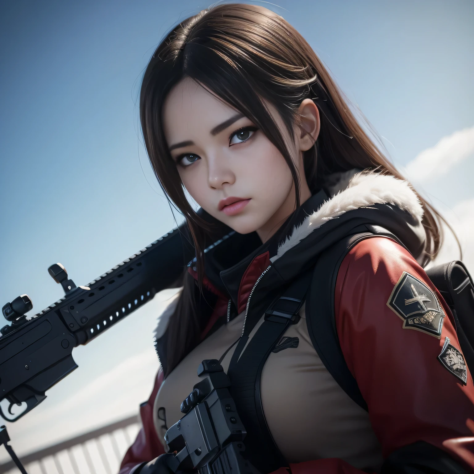 (8k, La mejor calidad, Obra maestra:1.2) personajes dos chicas de anime juntas labios rojos gruesos y calientes Ojos 4k y cara extremadamente detallados,hermosos ojos azules hermosos ,con pechos enormes muslos hechizantes cuerpo completo sentados en un banco en la nieve con un rifle, Desde NCSOFT, De Girls Frontline, Ilustraciones oficiales HDR,