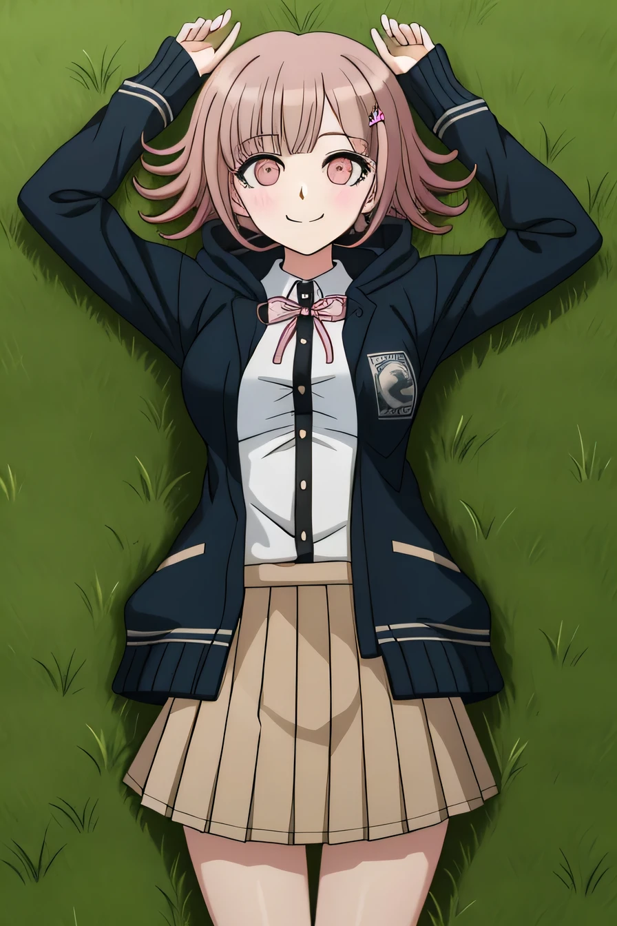 1girl, solo, hair ornament, shirt, jacket, ribbon, skirt, dress shirt, pink ribbon, open clothes, pleated skirt, white shirt, neck ribbon, collared shirt, hood, open jacket, looking at viewer, black jacket, long sleeves, shirt tucked in, brown skirt, hairclip, solo, on grass, on back, arms up, spread arms, cowboy shot, closed mouth, two-tone shirt, hooded jacket, breasts, medium hair, smile,