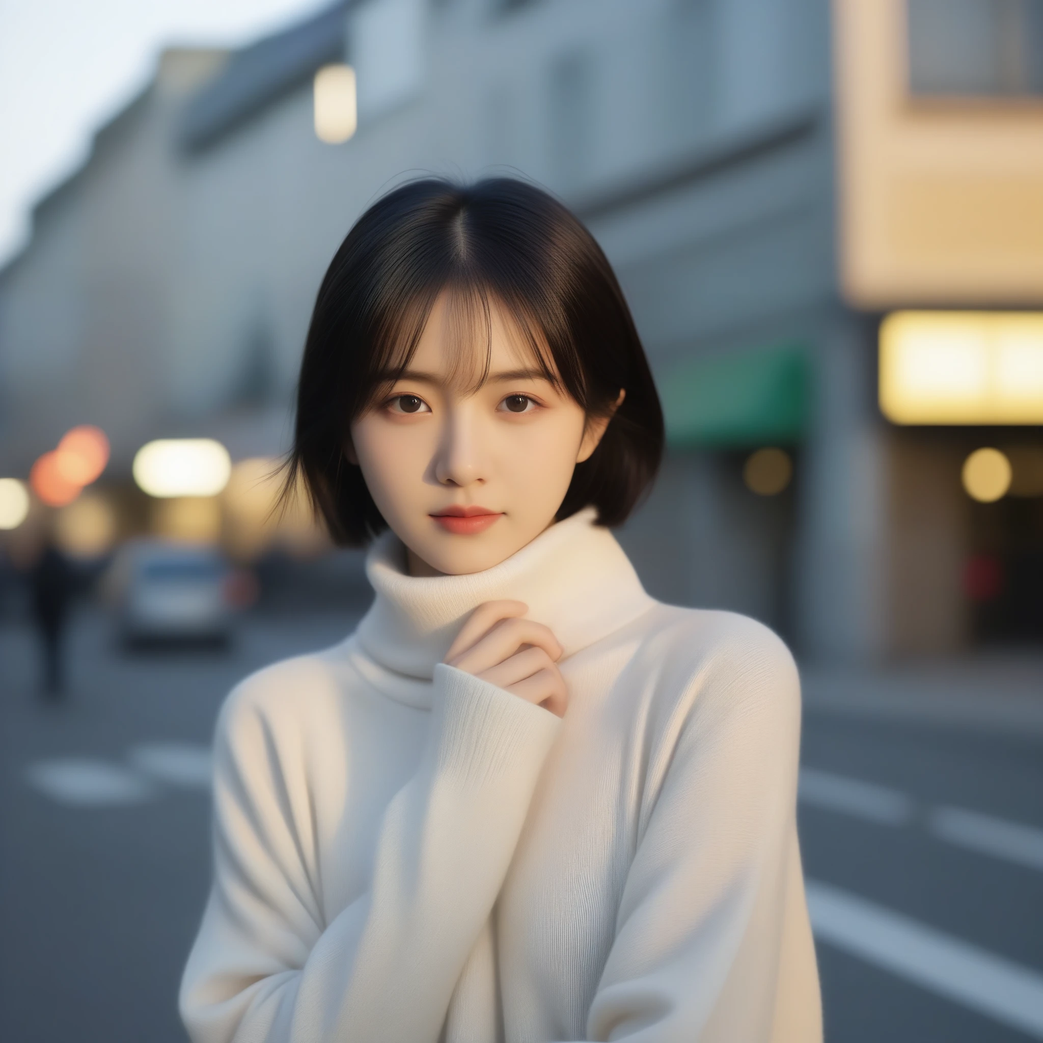 8k, Ultra-high resolution, highest quality, masterpiece, Surreal, photograph, 1 girl, (:1.3), cute girl, cute face, Beautiful eyes in every detail, masterpiece, highest quality, (highest quality,masterpiece:1.3,Ultra-high resolution),(Very detailed,Caustics,8k),(Realistic:1.4,RAW shooting),At dusk,sunset,Warm Light,Backlight,wonderful,Lens flare,street,24-years-old,cute,Japanese,Short black hair,The best smile,big ,down coat,Turtleneck sweater,Long skirt,Low position,Low - Angle,Blur the background,Natural light , (((whole body))),、super cute super model、Look closely at the camera 、wonderful details、detailed、Surreal、Light and shadow,Strong light,Fashion magazine cover,Thin lips
