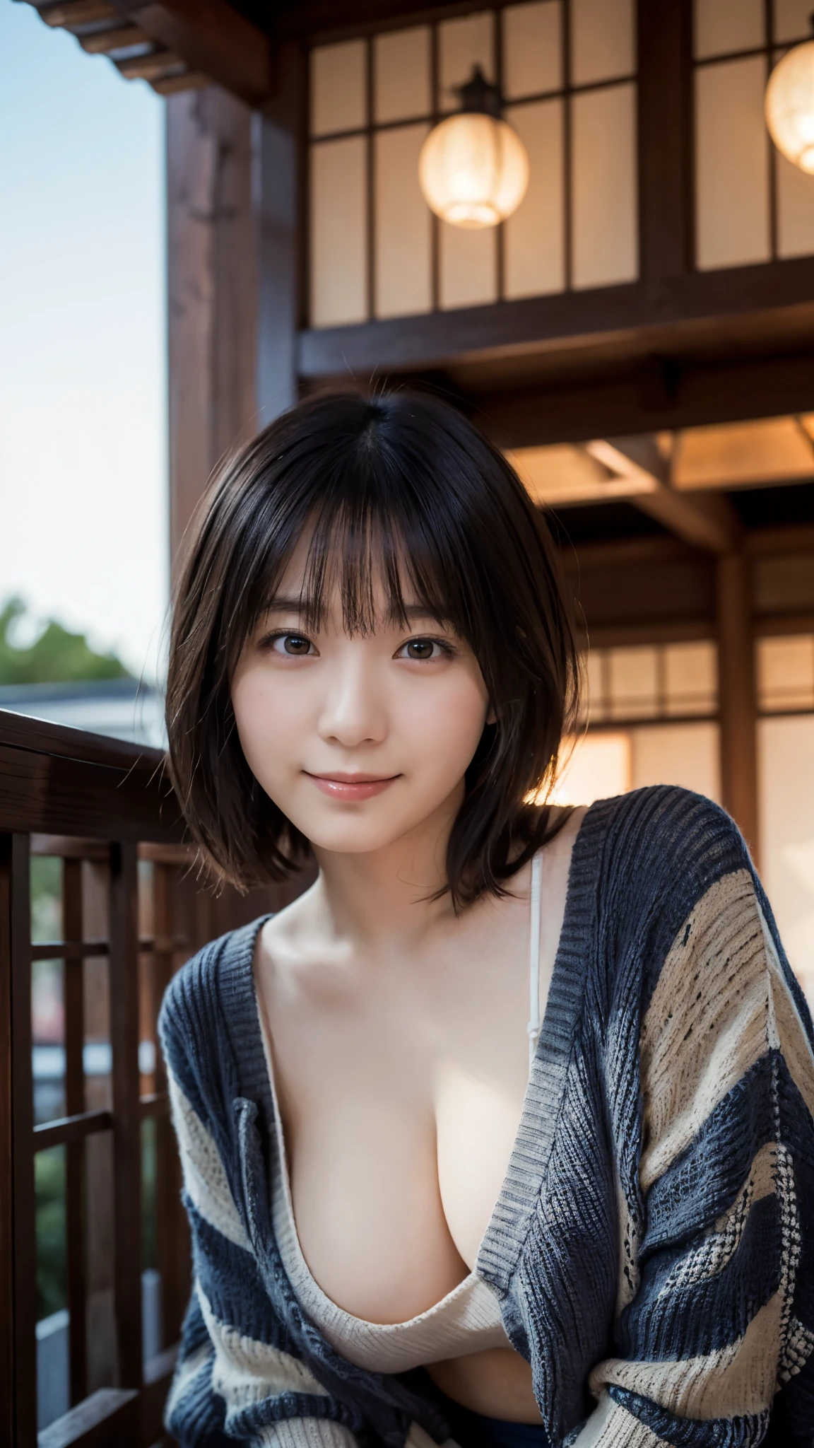 (highest quality,masterpiece:1.3,Ultra-high resolution),(Super detailed,Caustics,8k), (Photorealistic:1.4, RAW shooting),dusk,Sunset sky,Inside the Japan house,Japanese,20-year-old,smile,Black short hair,(Summer knitwear),Big Breasts,(Bust up shot),Natural light,(Low position),(Low - Angle)