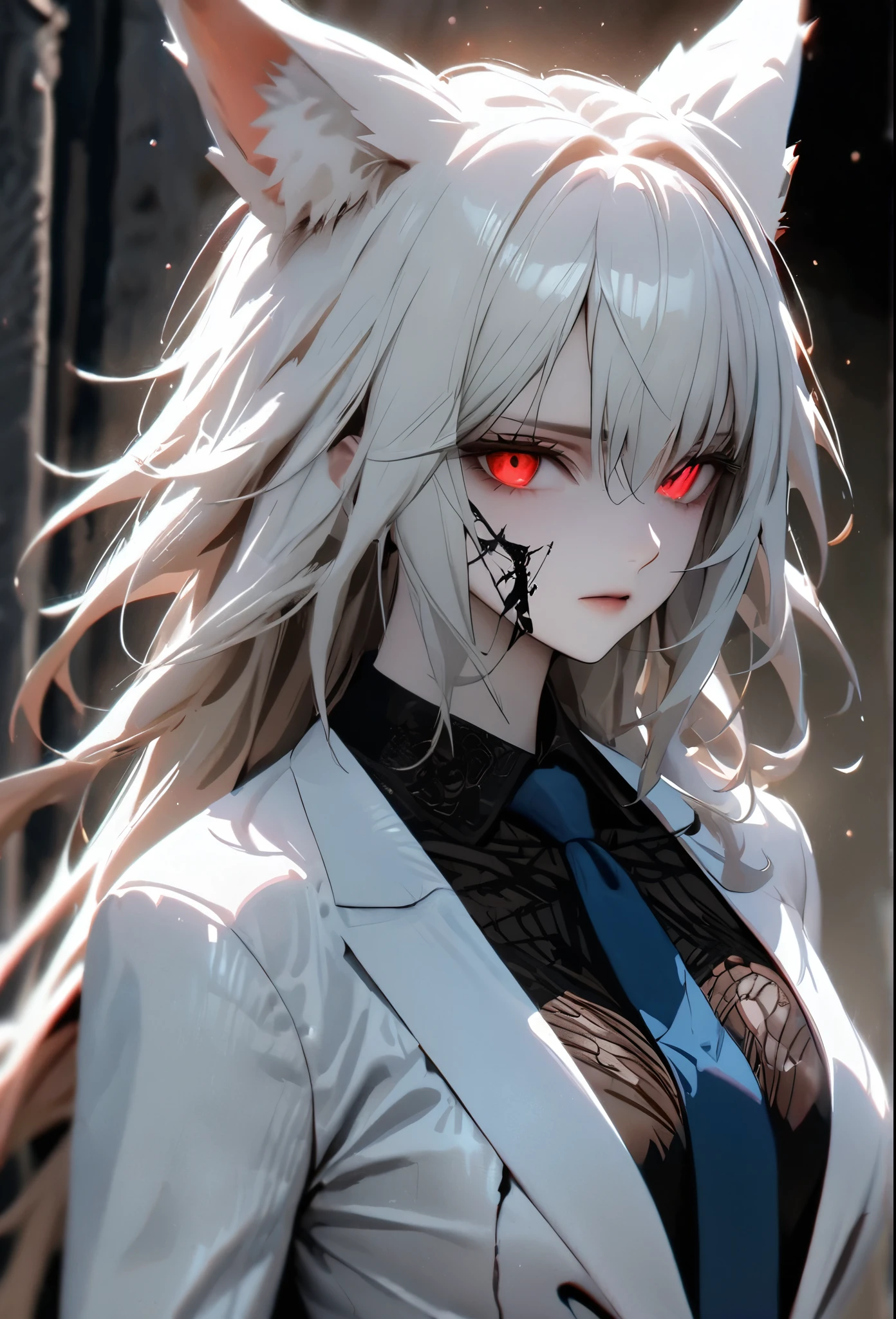 (solo), white hair, messy hair, mane hair, Long hair, dense hair, wild hair, expressive hair, mature,(25 year old), pale skin, red eyes, ((Female)), beatiful girl, wearing a white suit, blue tie, beautiful, attractive, fox ears, white fox ears, Monster, half skeleton face, Ribs showing, black liquid, Giant breast, Attack position, eye reflection, depth of field, thunder aura,cinematic lighting, ray tracing, depth of field, cinematic lighting, ray tracing, UHD, high details, best quality, highres, high quality, award winning, super detail, masterpiece, 8k, UHD, high details, best quality, highres, high quality, award winning, super detail, masterpiece, 8k, digital art, anime coloring, body shot, good face, perfect face, detailed face, good eyes. Dark closet.