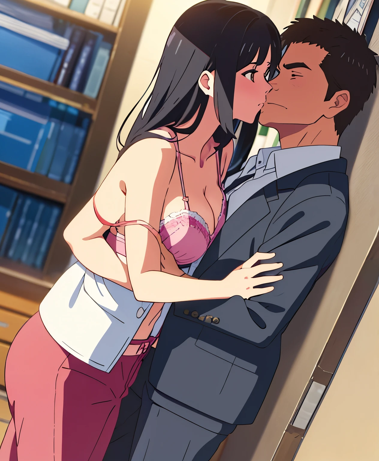 shinkai makoto, kimi no na wa., 1middle age man, wrinkle face, black hair,bangs swept to the right side, office suit, middle aged man caressing girl's body, kiss cheeks, passionate hug, boy is hugging from behind, chestgrope from behind, middle aged man is touchig girl's chest, hold chest, 1girl, bangs, black hair, brown eyes, Twisted Half Up Hair, red ribbon, long hair, yellow collared shirt, open shirt, off shoulders,unbuttoned shirt, pink bra, cleavage, breast, medium breast, blue pants, storage room, indoors, masterpiece, perfect anatomy, cowboyshot