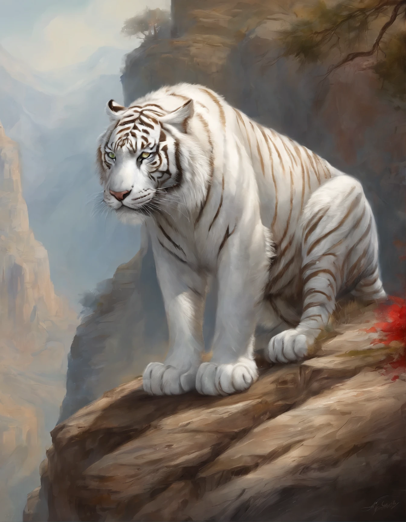 a close up of a white tiger with red wings on a cliff, concept art by Ryan Yee, trending on cgsociety, furry art, furry fantasy art, mythical creature, 🌺 cgsociety, lord of beasts, fantasy creature, giant ethereal creature, from magic the gathering, magic the gathering art style, kaladesh concept art. mechanical, very very beautiful furry art