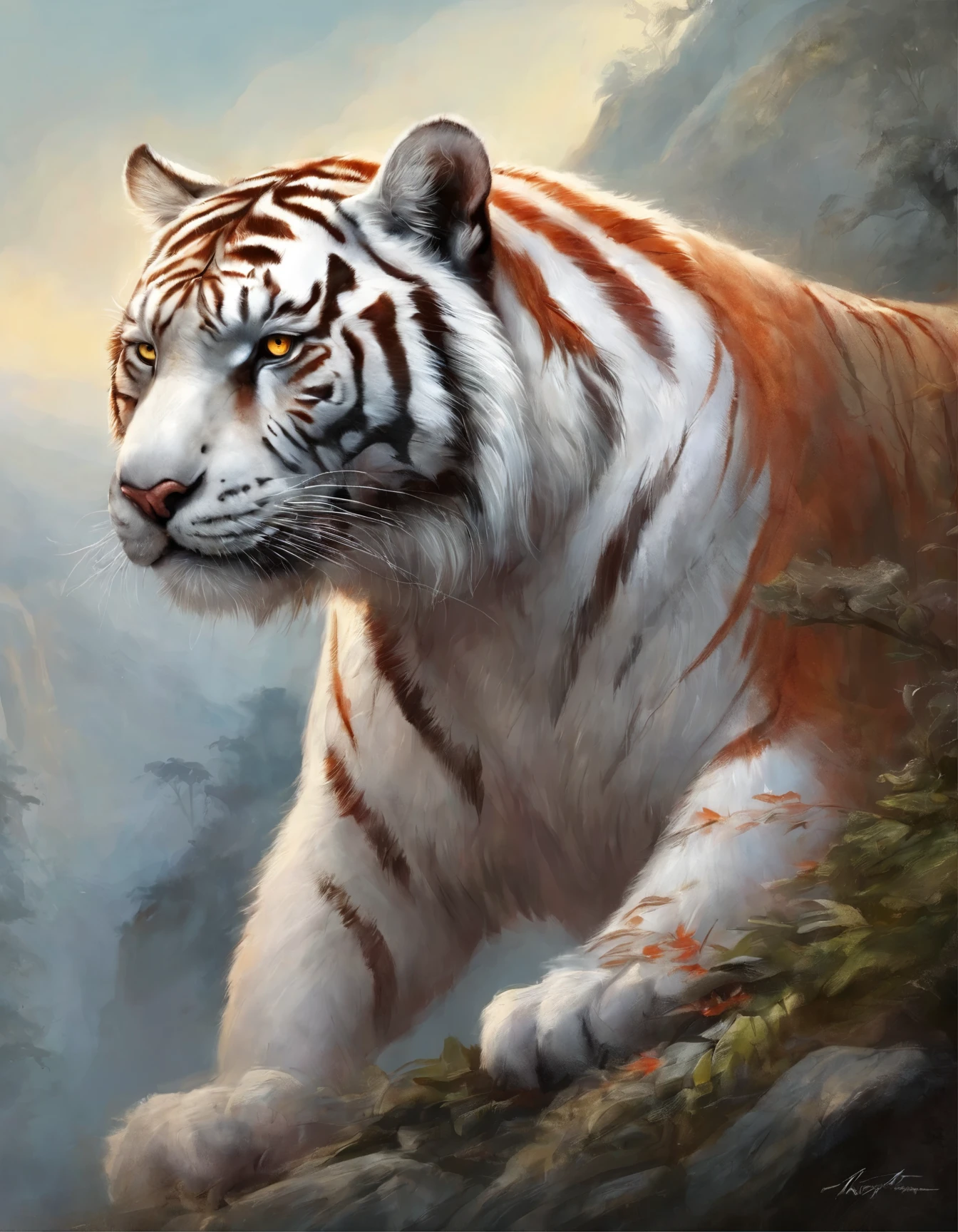 a close up of a white tiger with red wings on a cliff, concept art by Ryan Yee, trending on cgsociety, furry art, furry fantasy art, mythical creature, 🌺 cgsociety, lord of beasts, fantasy creature, giant ethereal creature, from magic the gathering, magic the gathering art style, kaladesh concept art. mechanical, very very beautiful furry art