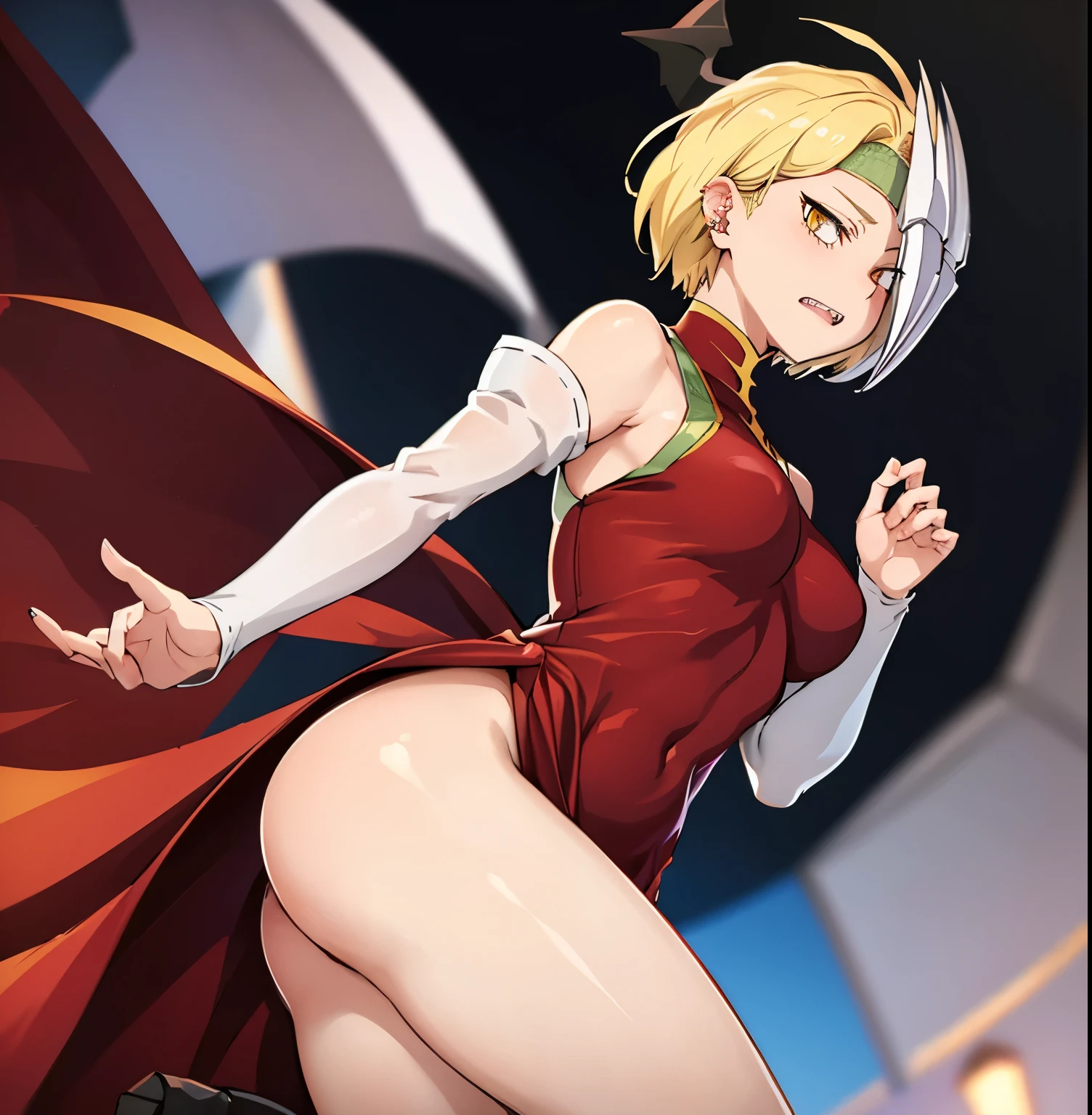 1 girl, alone, ryuko tatsuma, short hair, blonde hair, bare shoulders, wings on head, yellow eyes, red dress, tight dress, ear piercing, big breasts, medium waist, wide hips, medium thighs, round butt ,loose sleeves, piercing, (Chinese dress: 1.1), (sharp teeth: 1.2), open mouth, headband, mask, high-neck dress, thigh strap, one eye covered, side slit, knee-high boots, body sexy, sexy posture, embarrassed, hand on hip, masterpiece, best quality, highly detailed background, perfect lighting, best quality ((shiny skin, shiny skin, detailed skin)), standing, room, bedroom, looking at viewer , looking from the front, focus on the breasts, pov (from below), perfect anatomy, perfect hands
