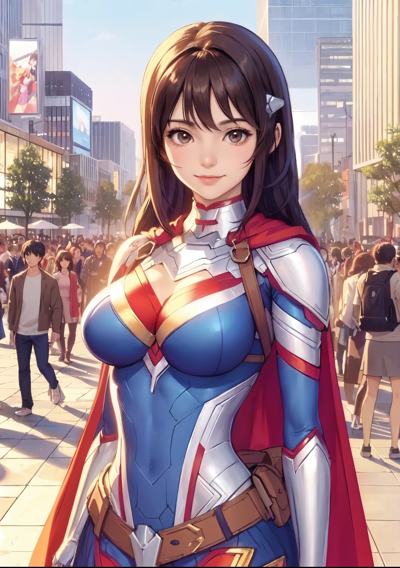 1lady standing, cosplayer, (superhero costume) stylish, belt, (mature female:0.9), /(brown hair/) bangs, kind smile, (masterpiece best quality:1.2) delicate illustration ultra-detailed, large breasts BREAK (anime-related event) outdoors, (outdoor venue), square, crowded, audience, noon, detailed background