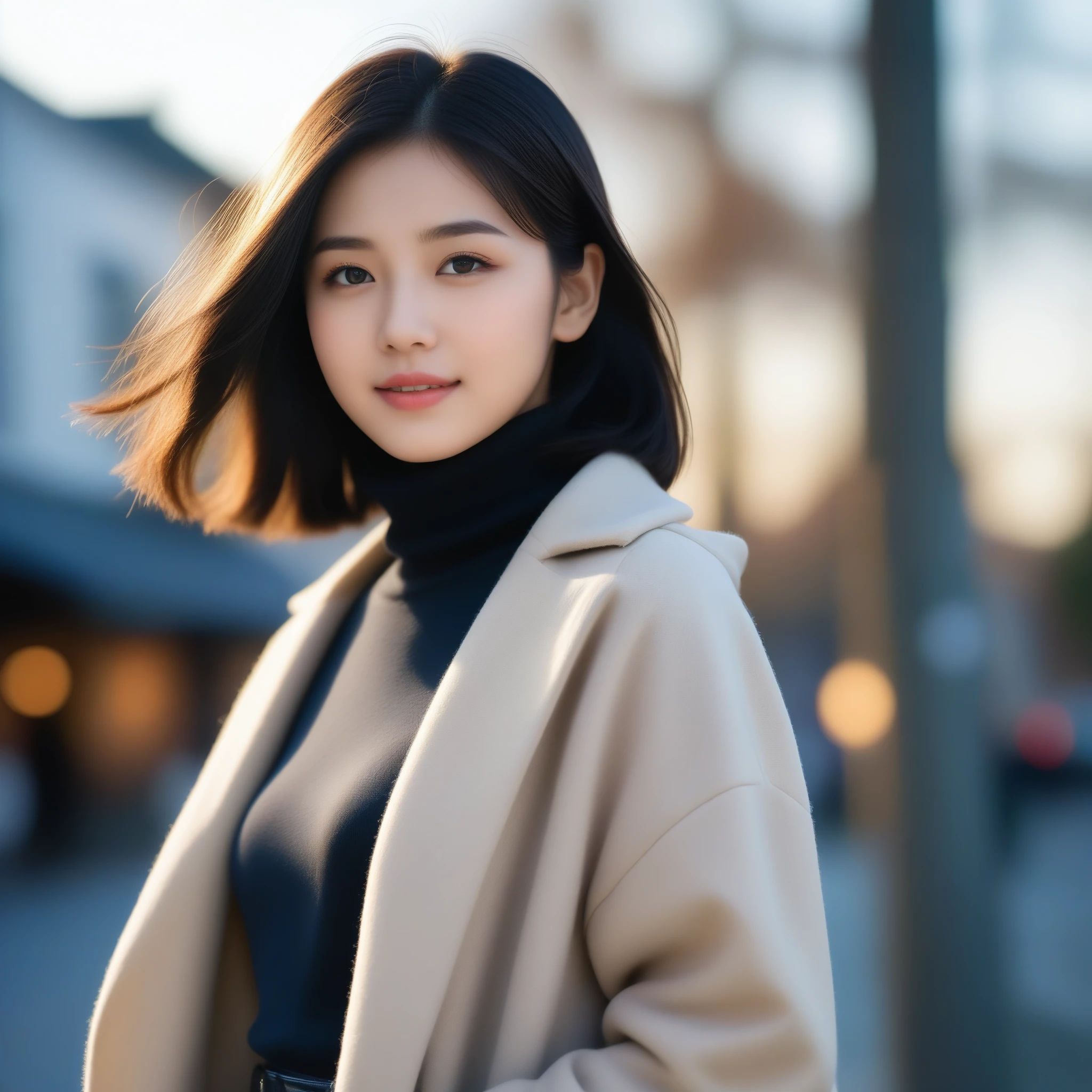 8k, Ultra-high resolution, highest quality, masterpiece, Surreal, photograph, 1 girl, (16 years old:1.3), cute girl, cute face, Beautiful eyes in every detail, masterpiece, highest quality, (highest quality,masterpiece:1.3,Ultra-high resolution),(Very detailed,Caustics,8k),(Realistic:1.4,RAW shooting),At dusk,sunset,Warm Light,Backlight,wonderful,Lens flare,street,24-years-old,cute,Japanese,Short black hair,The best smile,big ,down coat,Turtleneck sweater,Long skirt,Low position,Low - Angle,Blur the background,Natural light , (((whole body))),、super cute super model、Look closely at the camera 、wonderful details、detailed、Surreal、Light and shadow,Strong light,Fashion magazine cover,Thin lips