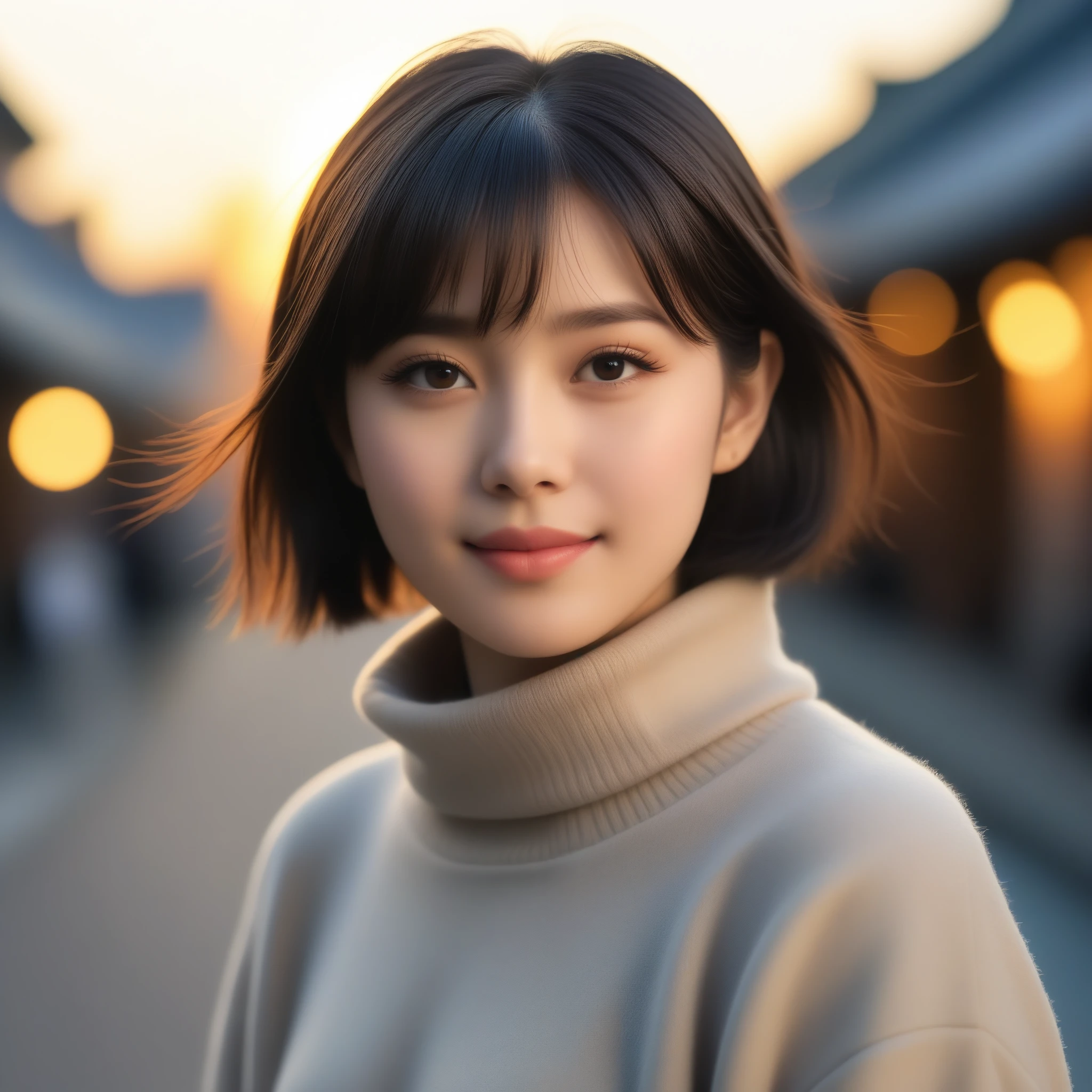 8k, Ultra-high resolution, highest quality, masterpiece, Surreal, photograph, 1 girl, (16 years old:1.3), cute girl, cute face, Beautiful eyes in every detail, masterpiece, highest quality, (highest quality,masterpiece:1.3,Ultra-high resolution),(Very detailed,Caustics,8k),(Realistic:1.4,RAW shooting),At dusk,sunset,Warm Light,Backlight,wonderful,Lens flare,street,24-years-old,cute,Japanese,Short black hair,The best smile,big ,down coat,Turtleneck sweater,Long skirt,Low position,Low - Angle,Blur the background,Natural light , (((whole body))),、super cute super model、Look closely at the camera 、wonderful details、detailed、Surreal、Light and shadow,Strong light,Fashion magazine cover,Thin lips