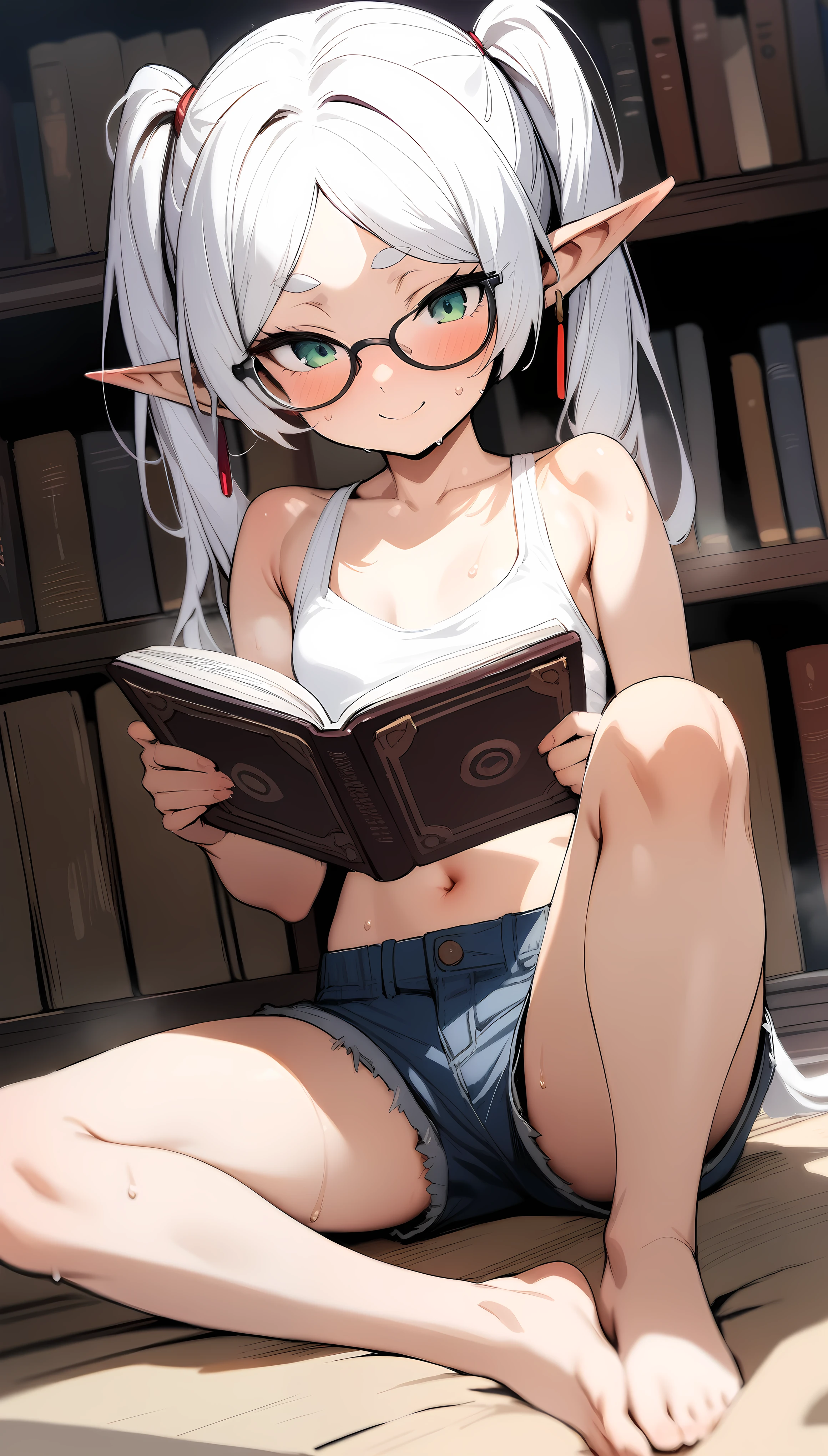 (masterpiece, best quality,1.3),extremely detailed,1girl,(frieren),pointy ears,elf,round face,green eyes,navel,small breasts,sweat,white hair,twintails,parted bangs,smile,solo,(reading magic book),white tank top,frayed denim shorts,sleeveless,barefoot,spread legs,glasses,library,looking book,blush,best quality,amazing quality,very aesthetic,absurdres,