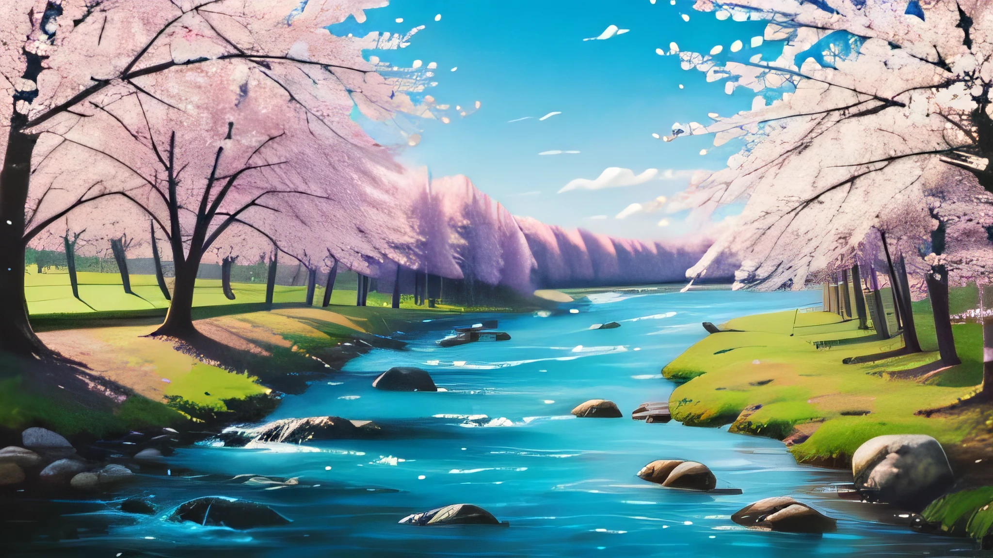 spring abstract painting, river side