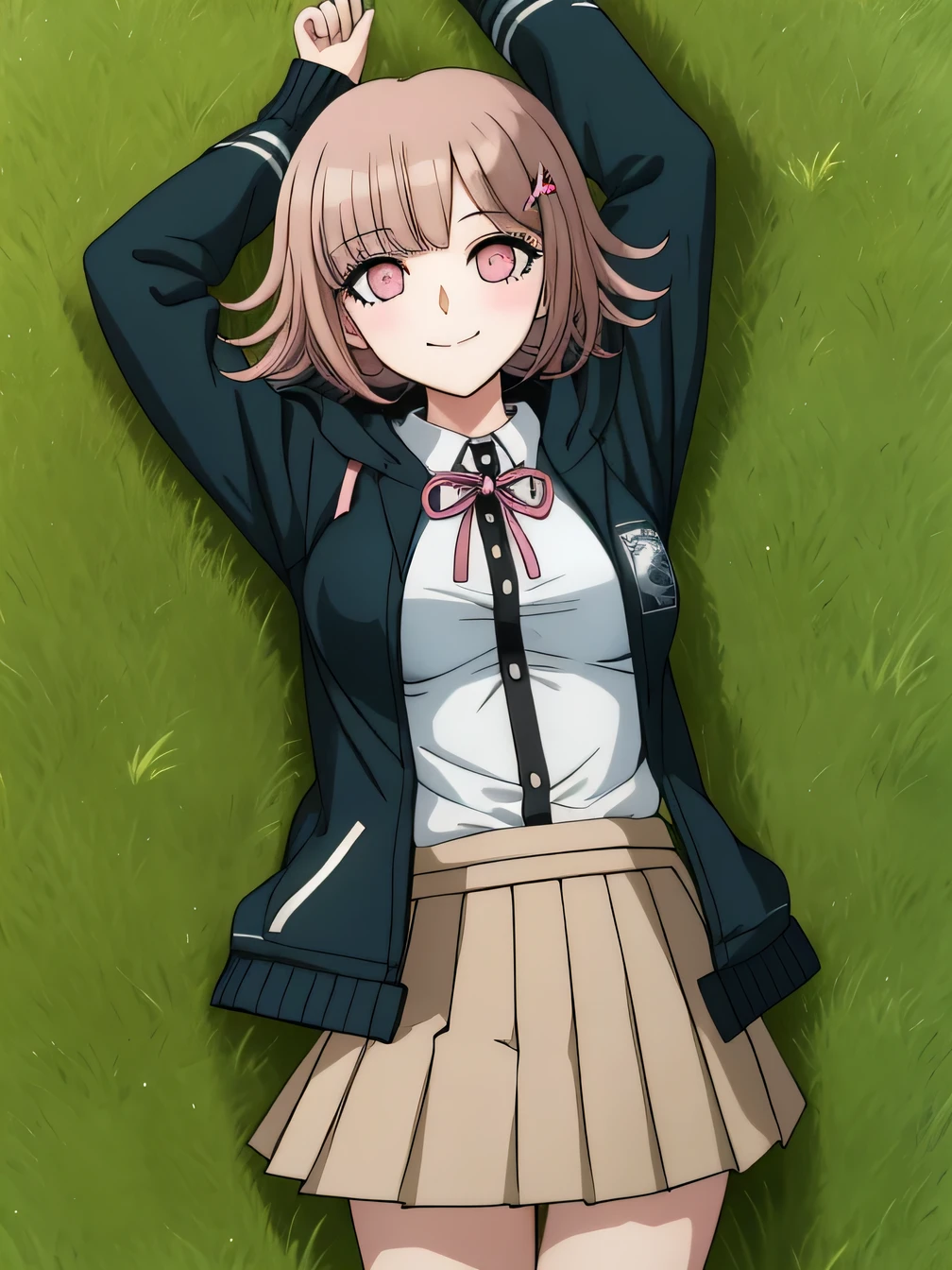 1girl, solo, hair ornament, shirt, jacket, ribbon, skirt, dress shirt, pink ribbon, open clothes, pleated skirt, white shirt, neck ribbon, collared shirt, hood, open jacket, looking at viewer, black jacket, long sleeves, shirt tucked in, brown skirt, hairclip, solo, on grass, on back, arms up, spread arms, cowboy shot, closed mouth, two-tone shirt, hooded jacket, breasts, medium hair, smile,