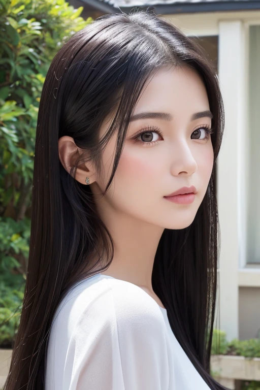 A beautiful woman in her early 30s with long black hair facing forward、House as background、Realistic face