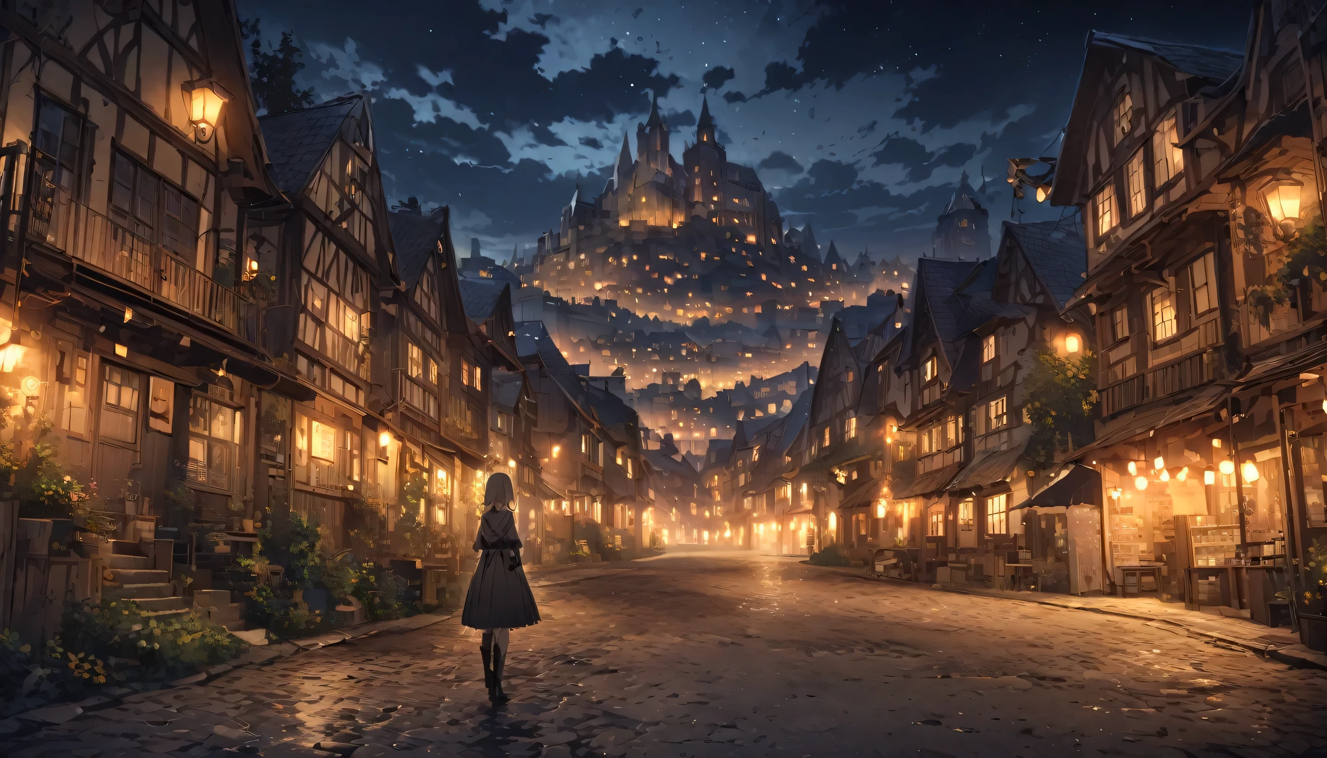 girl, 1 person, Dark atmosphere, night, Town, landscape