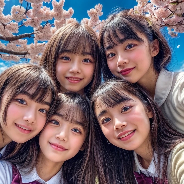 Best_Quality, (masterpiece:1.2) of professional Analog Hi-Res photo, (realistic and photorealistic with touch of rawness:1.37), (( group photo:1.7) of (schoolgirls looking down at the camera and Surrounding))), (Filled with many Faces), (NOGIZAKA face variations:1.4), Wearing schooluniform, { pose for a photo | Kissing }, (((close:1.4, Face closeup from below:1.25))), (((Sky background) with CherryBlossoms)) . BREAK Extremely Detailed KAWAII face variations, captivating gaze, elaborate detailed Eyes with (sparkling highlights:1.2), long eyelashes、Glossy RED Lips with beautiful details, Coquettish tongue, Rosy cheeks, Glistening ivory skin . (Dynamic joyful expressions | :D), Childish .