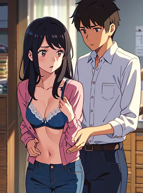 1boy, buzzcut, boy behind girl, touching chest, breatsgrope from behind, grab, grabbing chest,chestgrab behind back, hold breast, hug back, hugging, neck kiss, 1girl, bangs, black hair, brown eyes, open mouth, worried eyes, Twisted Half Up, red ribbon, long hair, white long sleeve shirt, collared shirt, partially unbuttoned, open shirt, light pink bra, breast, medium breast, blue pants, storage room, indoors, masterpiece, perfect anatomy, cowboyshot